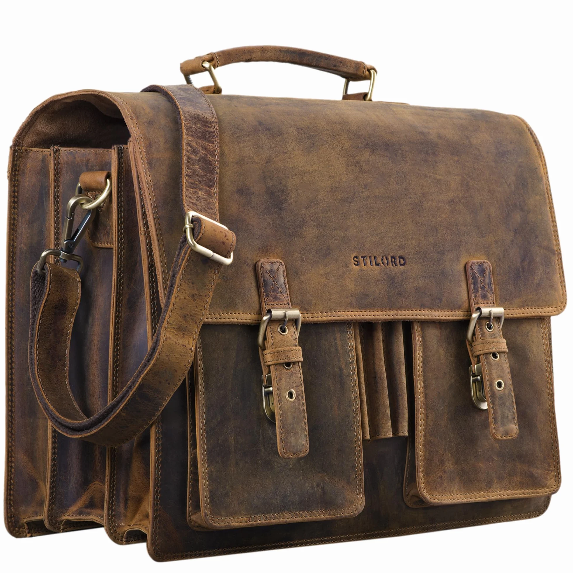 STILORD 'Anton' Sac Serviette en Cuir Véritable XL - Compartiment pour Ordinateur Portable de 15.6' - Amovible - Version Améliorée, Couleur:Marron Moyen