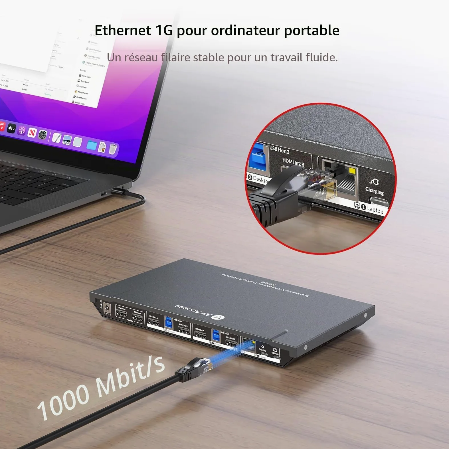 AV Access Station d'accueil Commutateur KVM pour 1 ordinateur portable et 2 PC de bureau, double moniteurs 4K@60Hz, émulation EDID, charge USB-C 100W,1G Gigabit, taux de rafraîchissement élevé