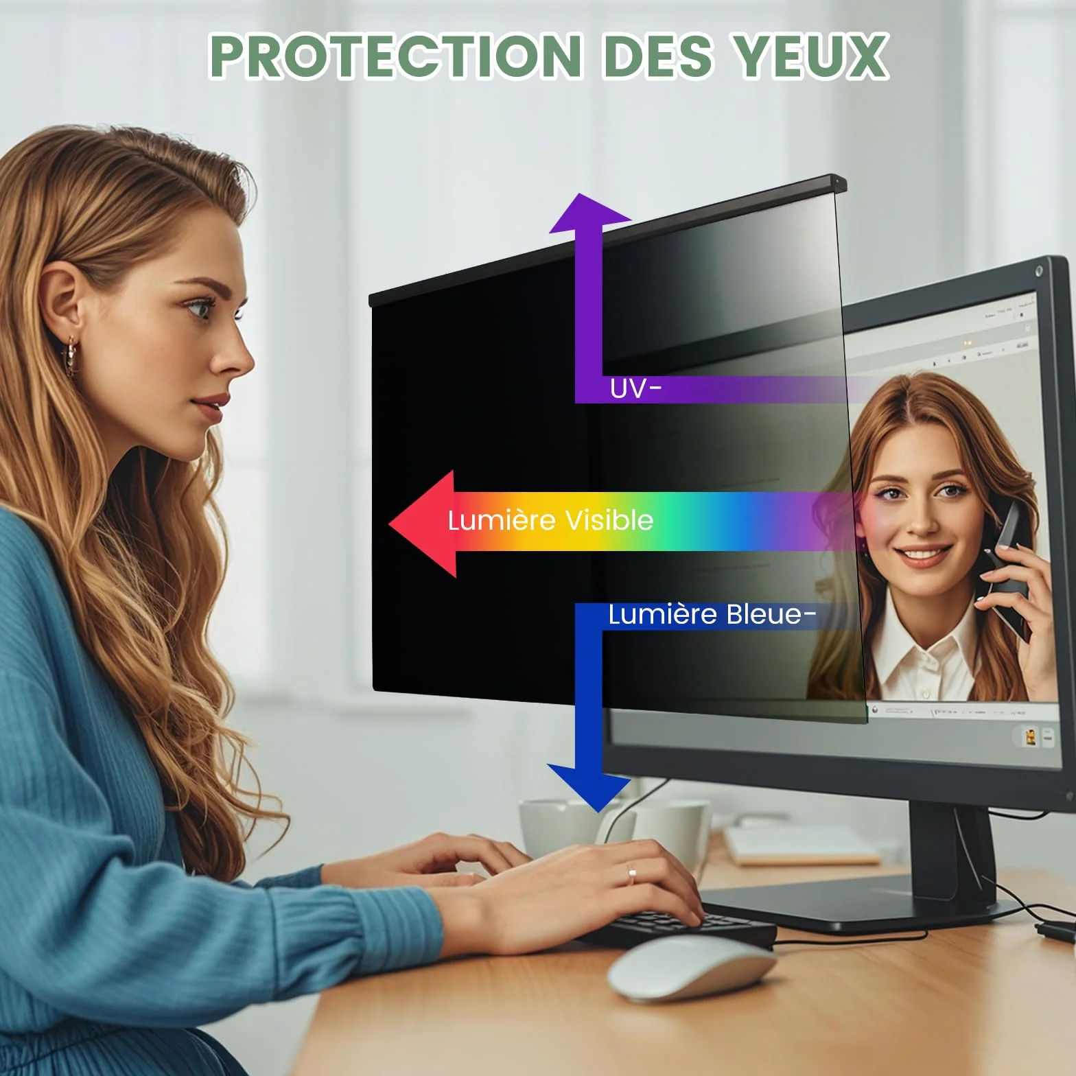 Filtre de Confidentialité Amovible 27 Pouces 16:9 – Protection d’Écran PC HD Anti-Lumière Bleue et Anti-UV 614 x 369 mm