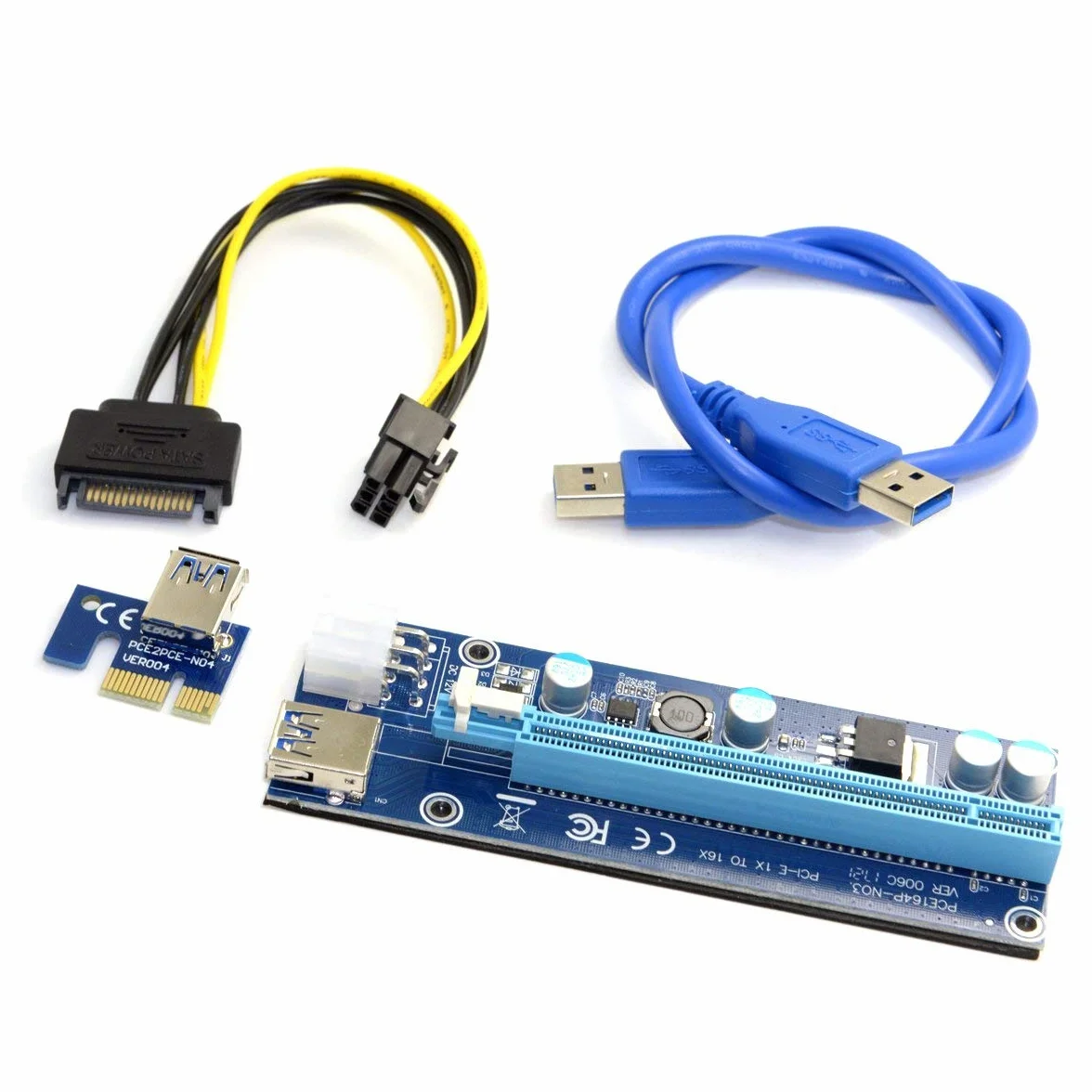 Adaptateur d'extension PCI-E 1x vers 16x avec USB 3.0 et câble d'alimentation 6 Broches