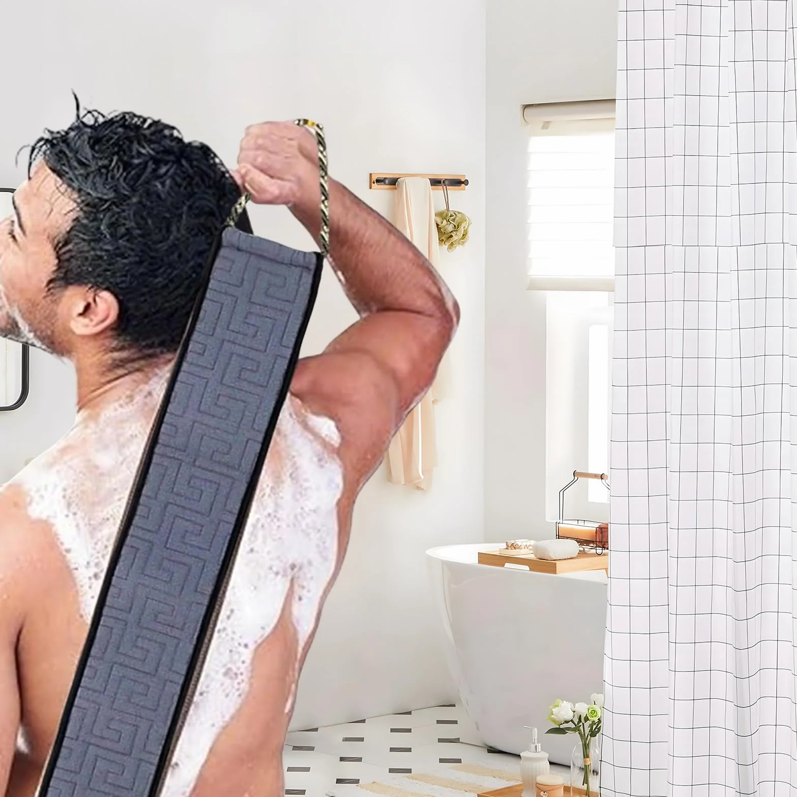Sangle Lave Dos avec Poignée Gommage du Dos pour Douche Serviette de Bain Fleur de Bain