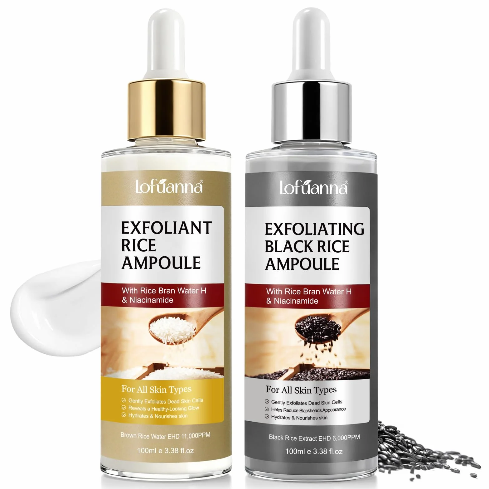 Sérum Exfoliant Visage au Riz Blanc 100ml + Riz Noir 100ml, Peeling Doux AHA BHA VB3, Éclat & Hydratation, Soin Coréen