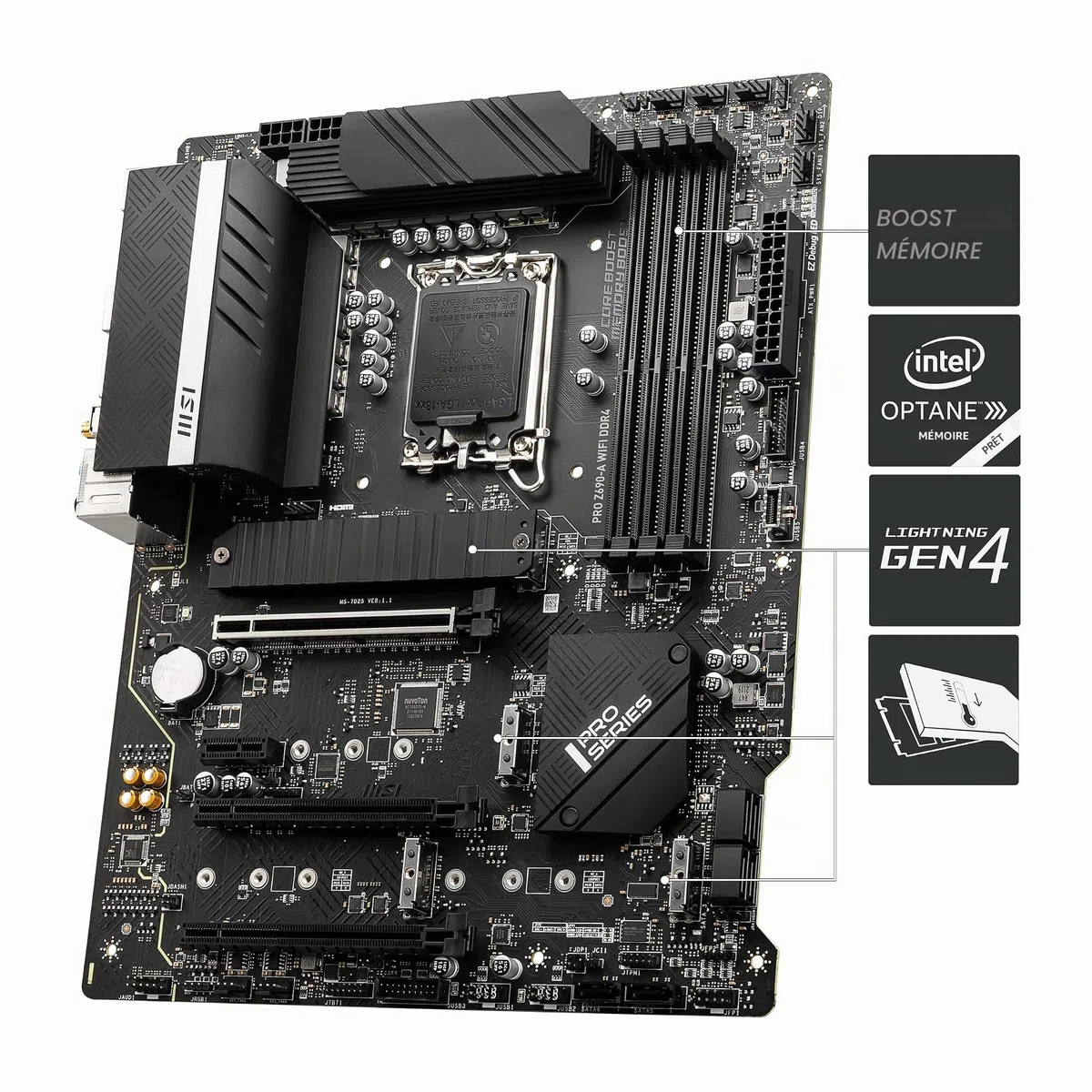 MSI Pro Z690-A WiFi DDR4 Carte Mère, ATX - pour Processeurs Intel Core 12è Gén, LGA 1700-14 Duet Rail 55A VRM, Memory Boost 5200MHz/OC, 1 x PCIe 5.0 x16, 3 x M.2 Gen4 x4, 2.5G LAN, Wi-FI 6