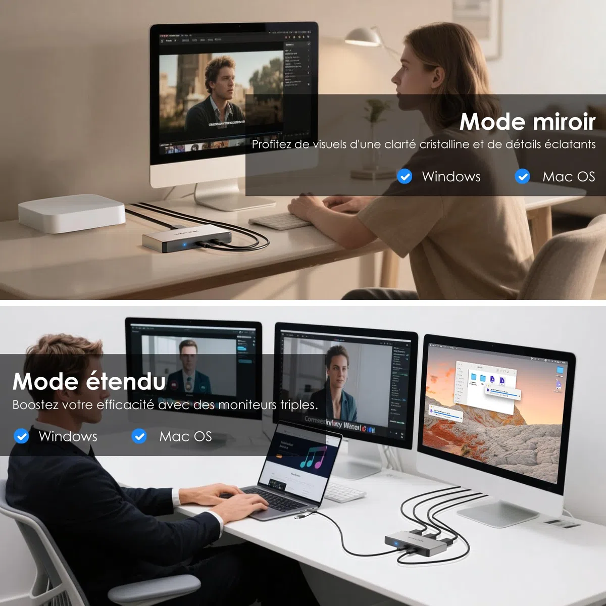 WAVLINK Station d'accueil pour 3 moniteurs, Adaptateur Triple Moniteur pour systèmes macOS Hôtes Type-C&A, 100W PD in, 3 HDMI 2 DP Disponibles,Triple 4K@60Hz,Pilote SMI et hôte USB3.2 Gen 2 requis