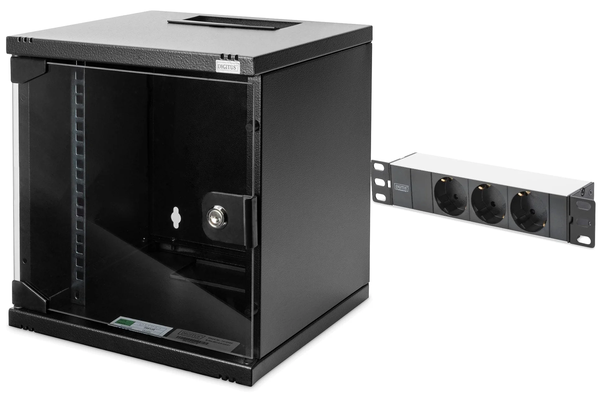 DIGITUS Set: Armoire réseau 10" 6U + Bloc multiprise PDU 3 Ports // Rack 10 Pouces - Montage Mural - h x l x p 330 x 312 x 300 mm - Charge 30kg - Profondeur utile 240mm - Noir