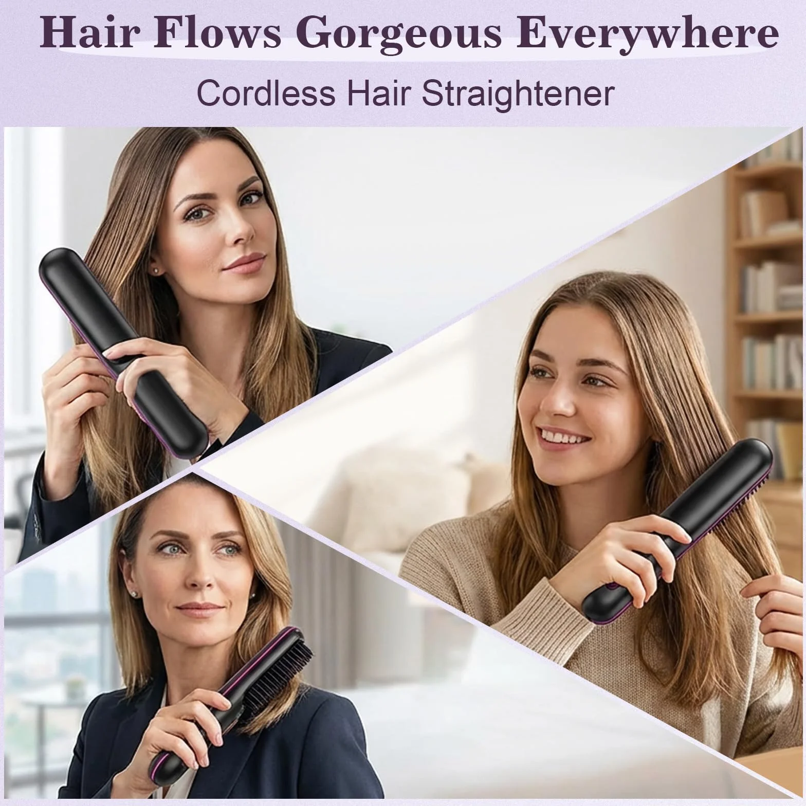 Brosse Lissante Sans Fil 4 en 1, Fer à Lisser Céramique Anti-Brûlure 3 Réglages avec Affichage LED