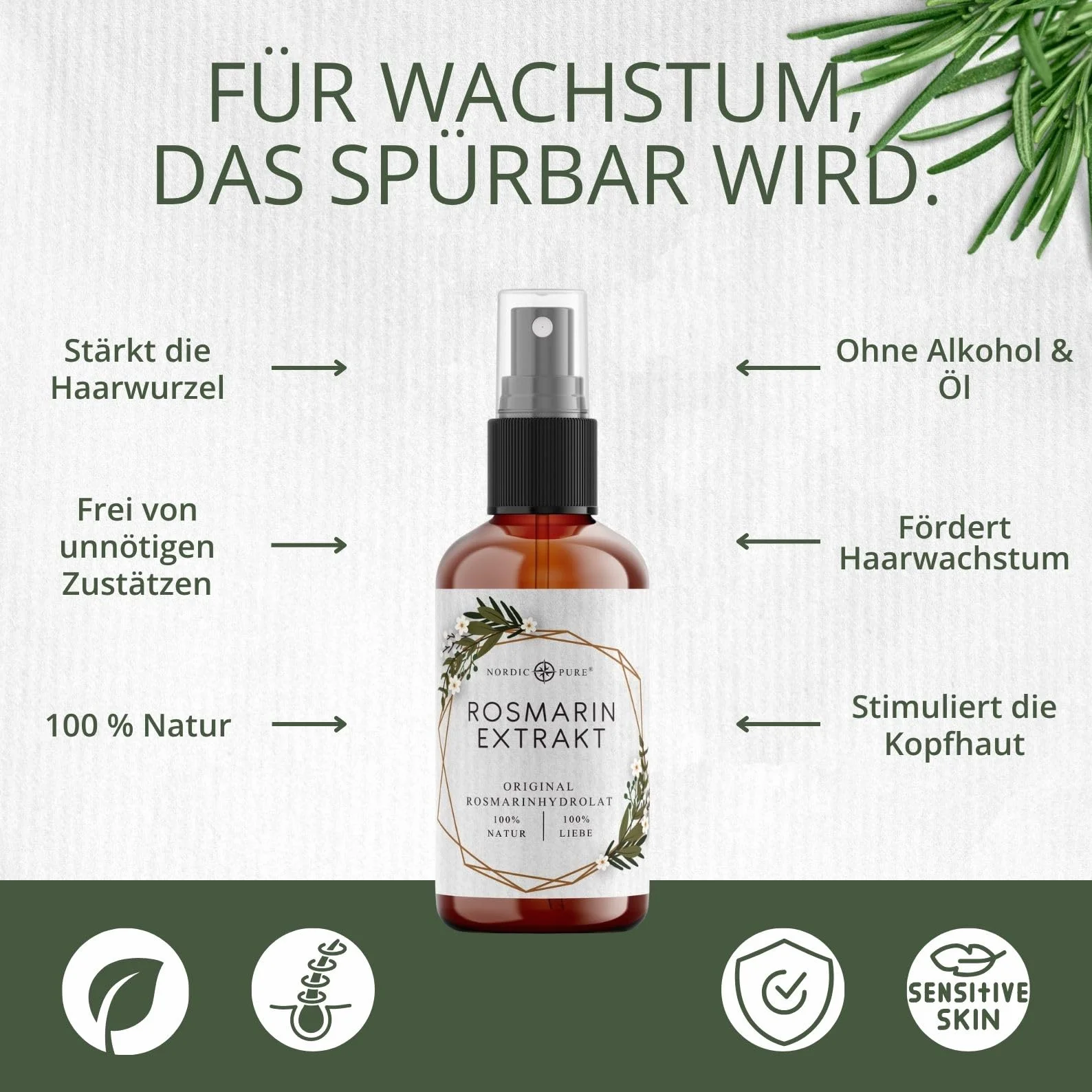 Nordic Pure Eau de romarin 100 ml pour peau et cheveux hydrolat revitalisant