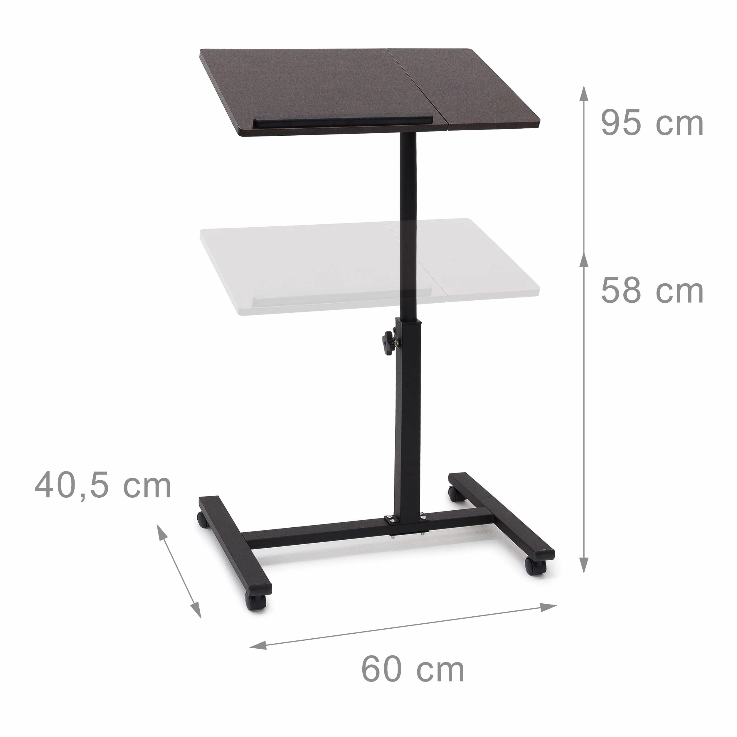 Relaxdays Table pour ordinateur portable hauteur réglable roulettes pliable 95 x 60 x 40,5 cm bois d'ébène noir