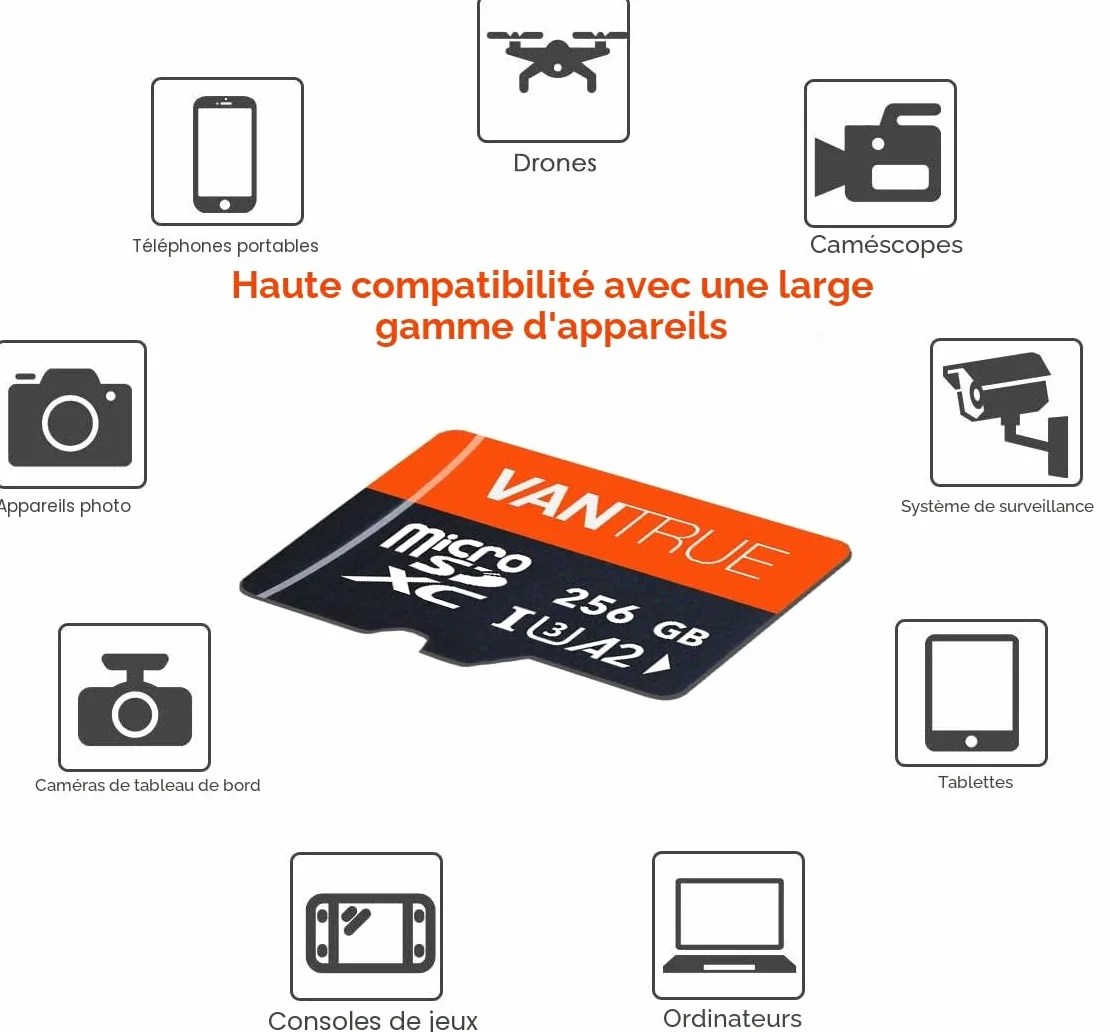 Vantrue Carte mémoire microSDXC UHS-I U3 4K 256Go avec Adaptateur