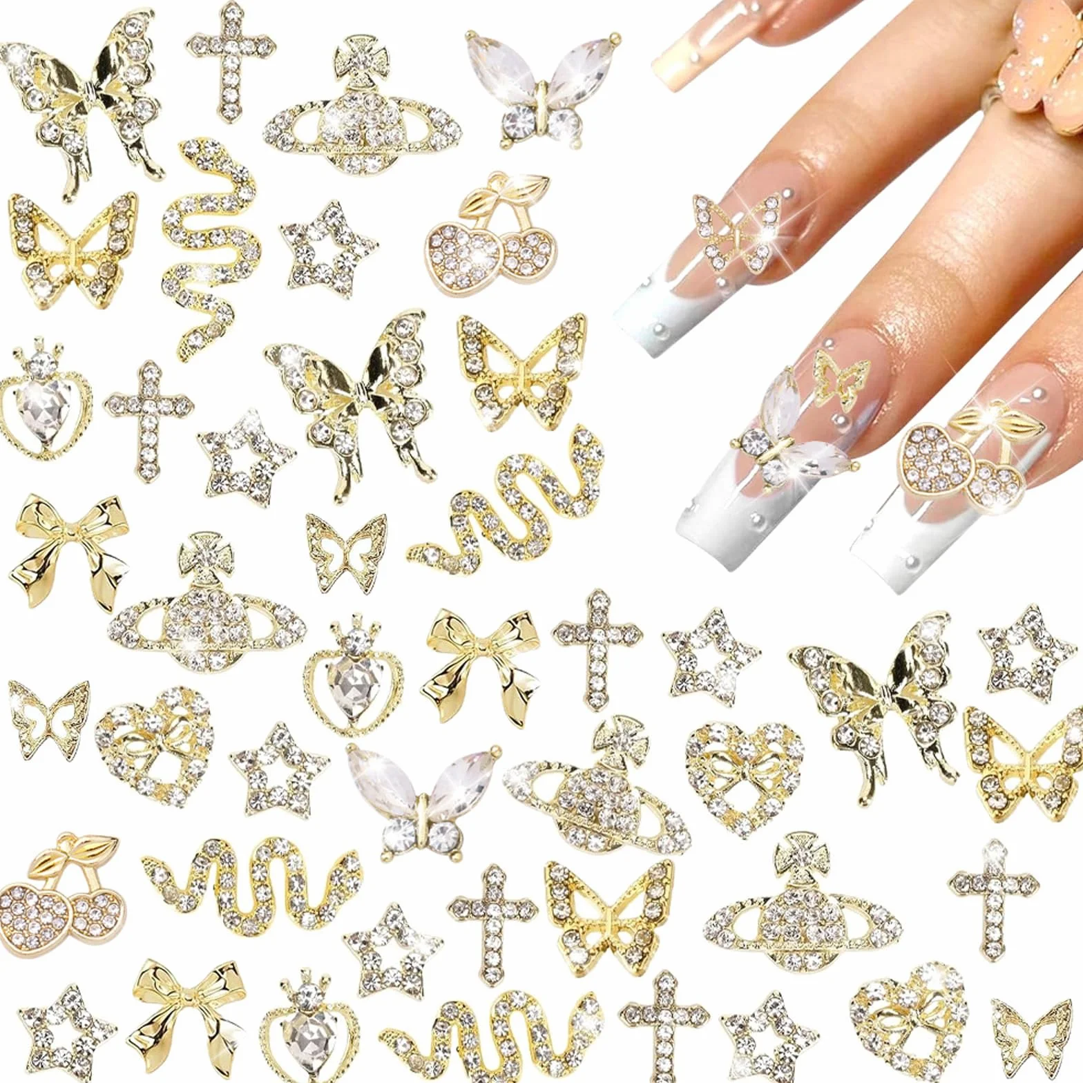 Breloques pour Ongles Y2k, Alliage Coeurs Papillons Noeuds Cerises Strass, Deco Nail Art, 24 PCS