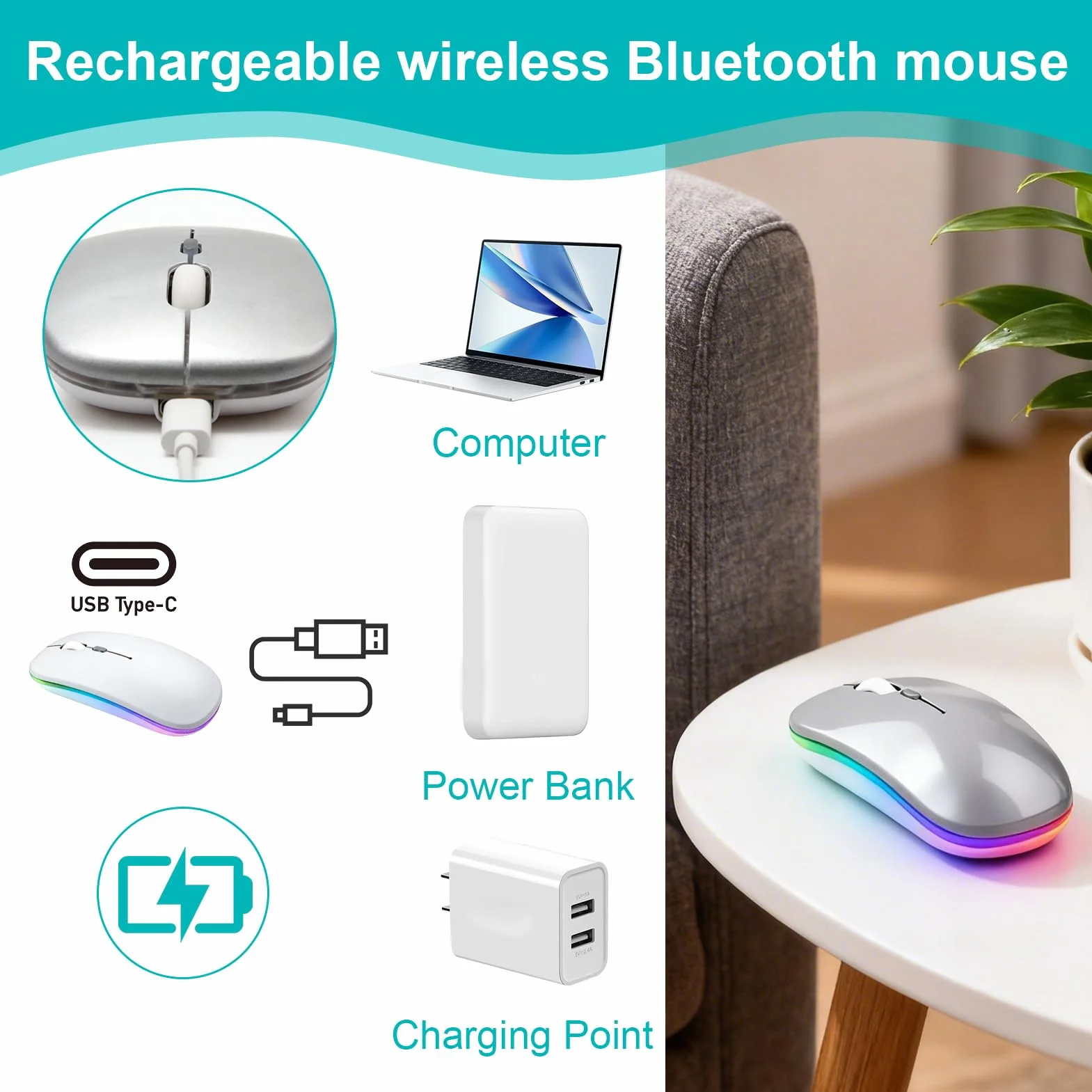 Souris sans Fil Rechargeable Bluetooth 5.1 2.4G 1200 DPI Silencieuse Ultra-Mince Deux Modes pour MacBook