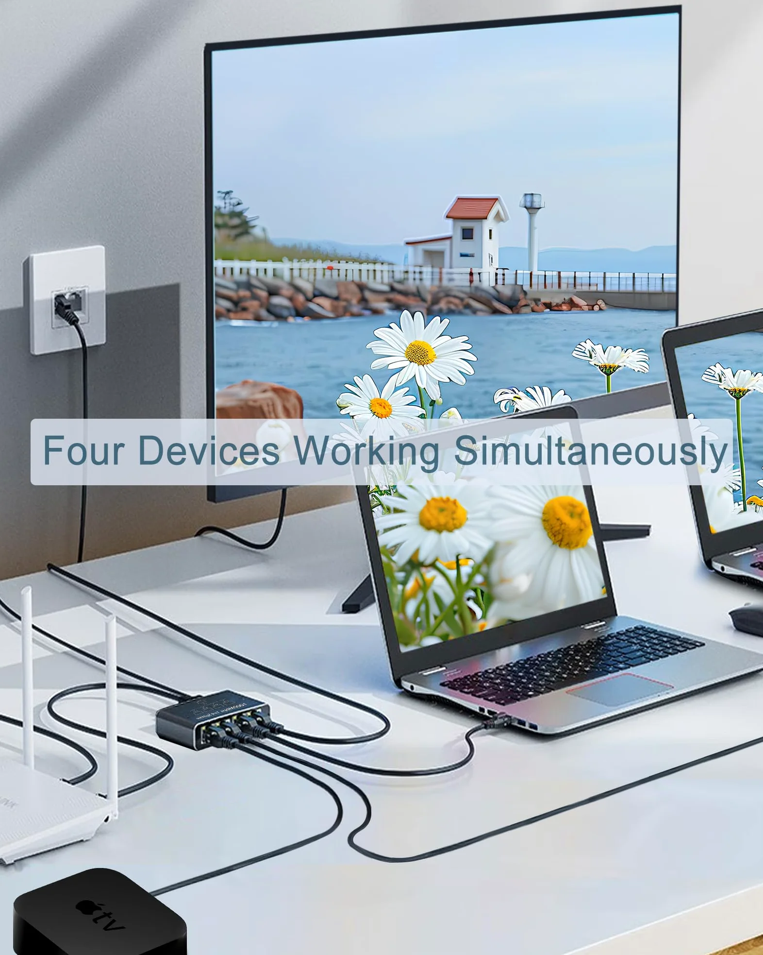 LIEZHUA Répartiteur Ethernet 1 vers 4, 1000 Mbps haute vitesse Ethernet avec câble LAN Cat 6 [4 appareils réseau simultané], extension de réseau LAN Gigabit RJ45 pour câble Cat8/7/6/5e/5