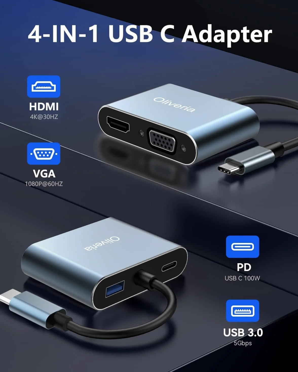 Oliveria Adaptateur multiport USB C 4 en 1 4K 30 Hz HDMI VGA Thunderbolt 3 PD 100 W USB 3.0