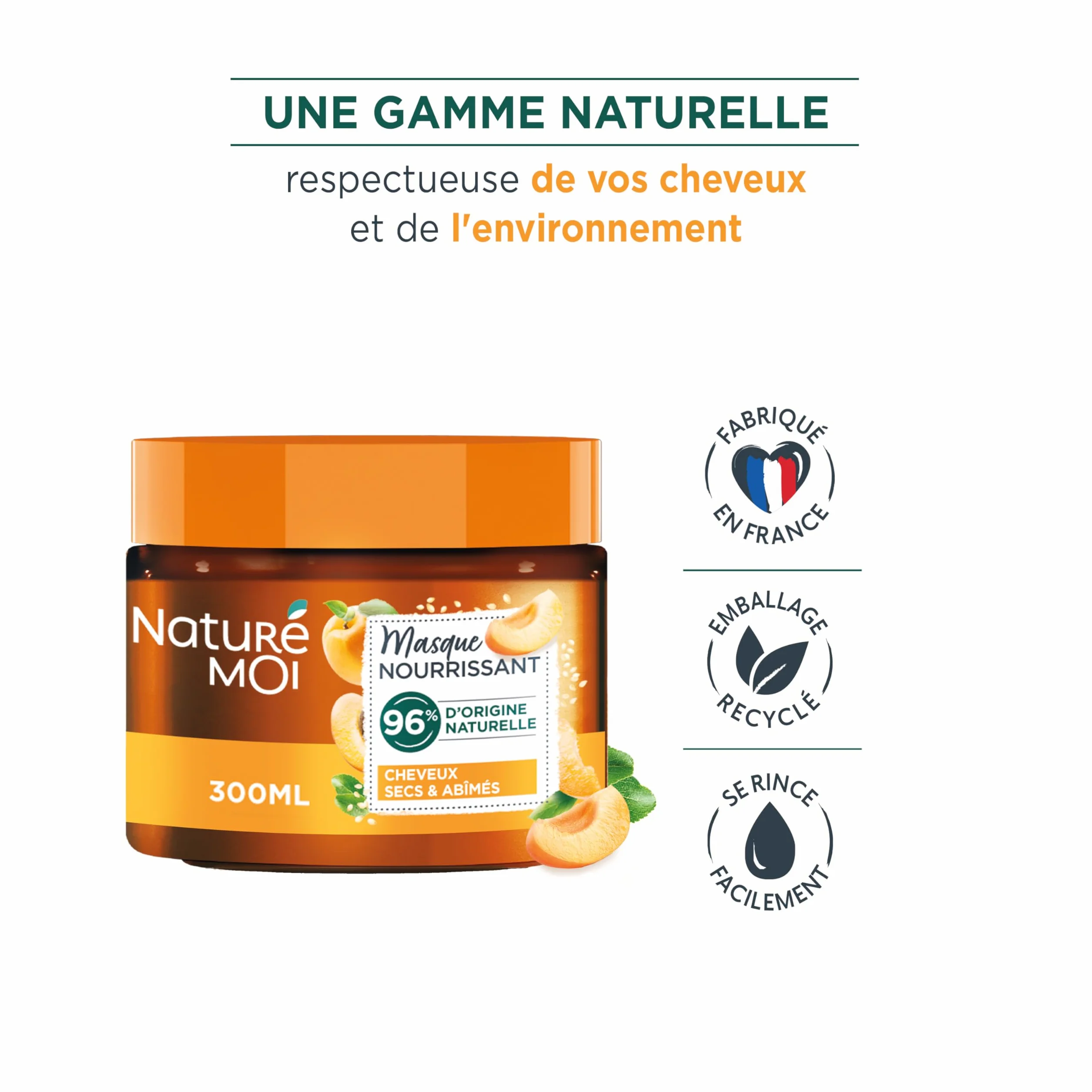 Naturé Moi Masque Cheveux Nourrit Répare Cheveux Secs Abîmés Abricot Huile de Sésame Bio 96% d'Origine Naturelle 300 ml Fabriqué en France