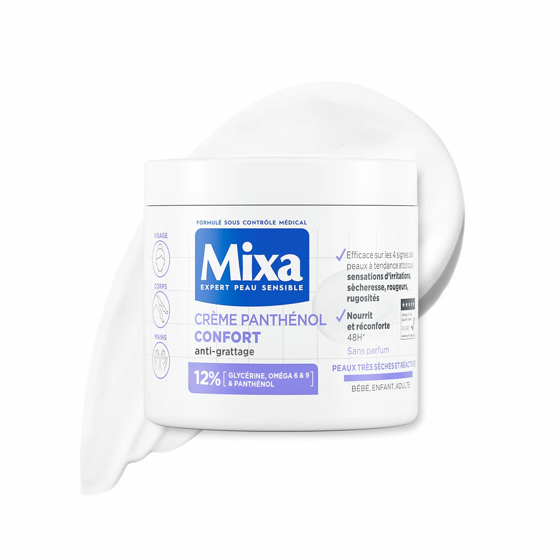 Mixa Crème Panthénol Confort Anti-Démangeaisons Peaux Très Sèches Hypoallergénique Sans Parfum 400ml