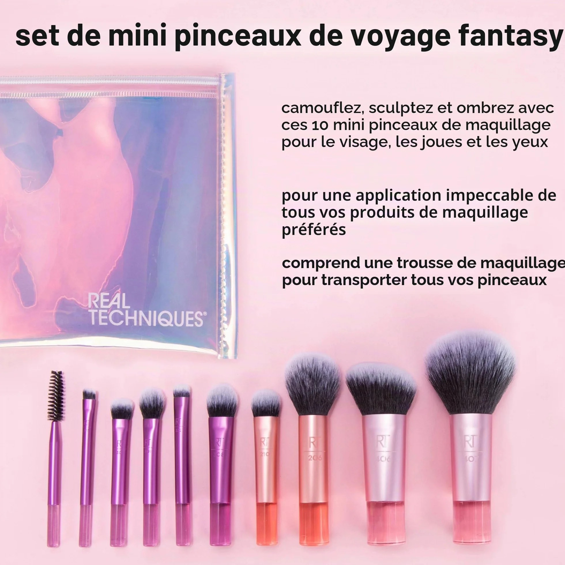 Real Techniques Kit de mini-pinceaux Travel Fantasy, 11 pièces, pinceaux maquillage fard à paupières surligneur contour