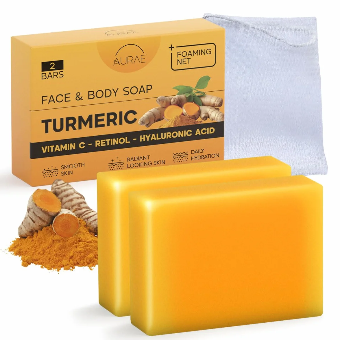Savon Curcuma Visage Éclaircissant Hydratant Vit. C Rétinol Ac. Hyaluronique Beurre de Karité Huile Olive Vit. E 100g x 2