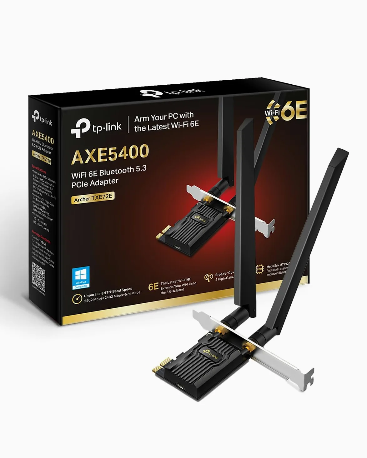 TP-Link Carte WiFi 6E PCIe AXE5400 avec Bluetooth 5.3, Archer TXE72E | Tri-bande 6 GHz, antennes haut gain, idéal gaming/streaming, compatible Windows 10 (64 bits) et Windows 11
