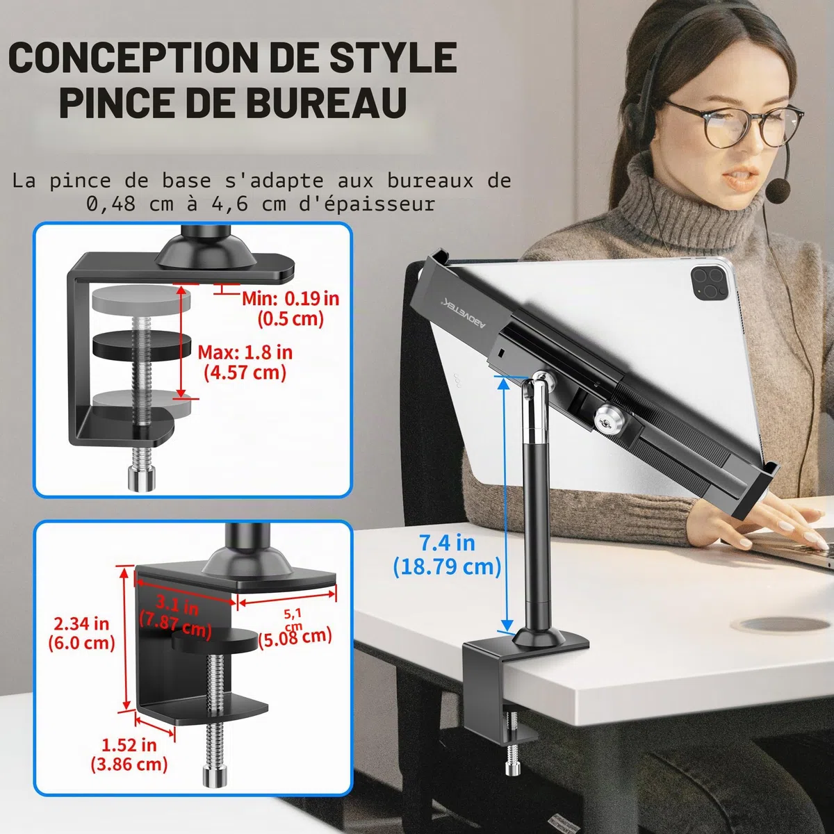 AboveTEK Support antivol verrouillable pour Tablette - 360/320 POS Swivel Support de Table de Bureau avec Pince pour iPad 7 à 11 Pouces Fire Microsoft Galaxy Tab Google (Noir)