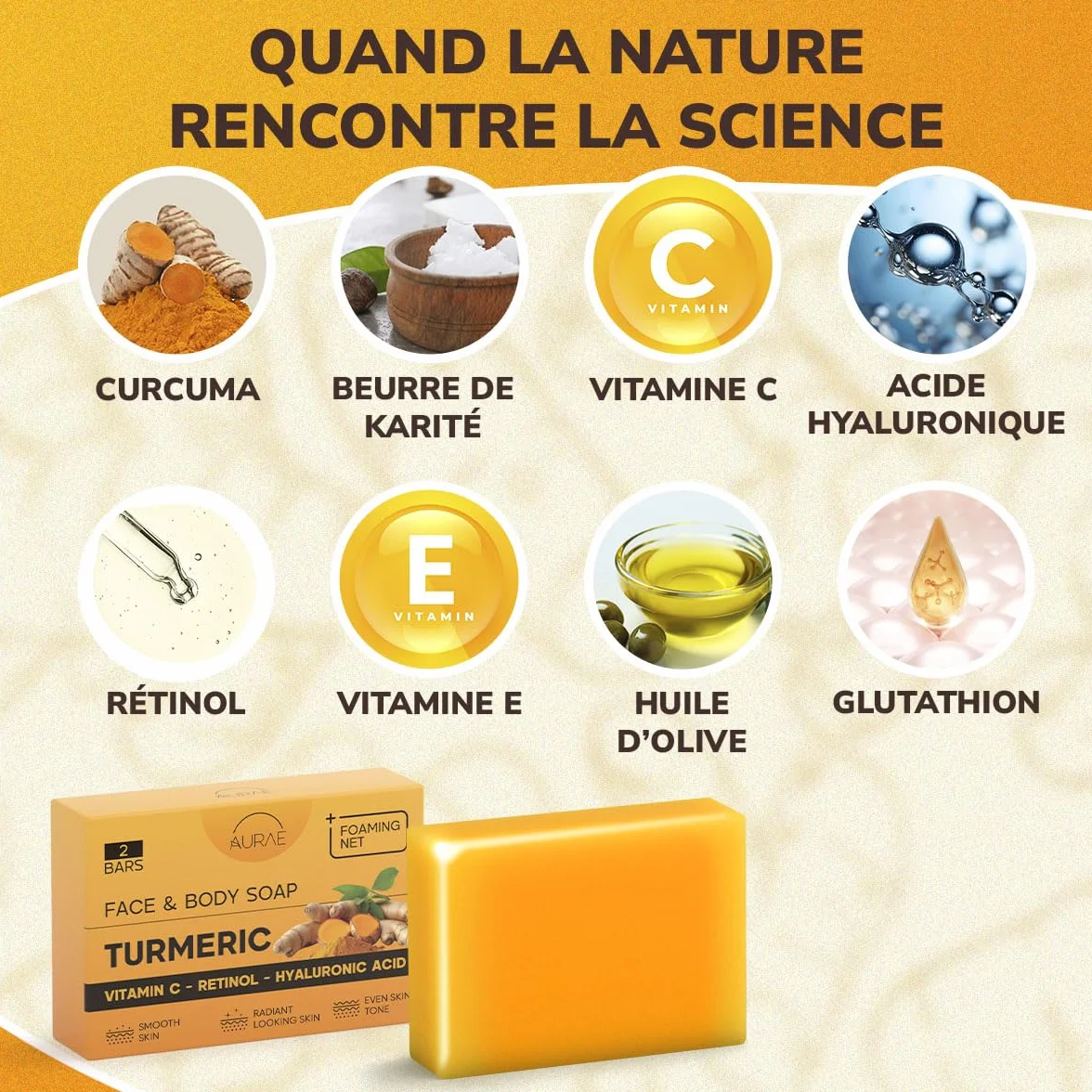 Savon Curcuma Visage Éclaircissant Hydratant Vit. C Rétinol Ac. Hyaluronique Beurre de Karité Huile Olive Vit. E 100g x 2