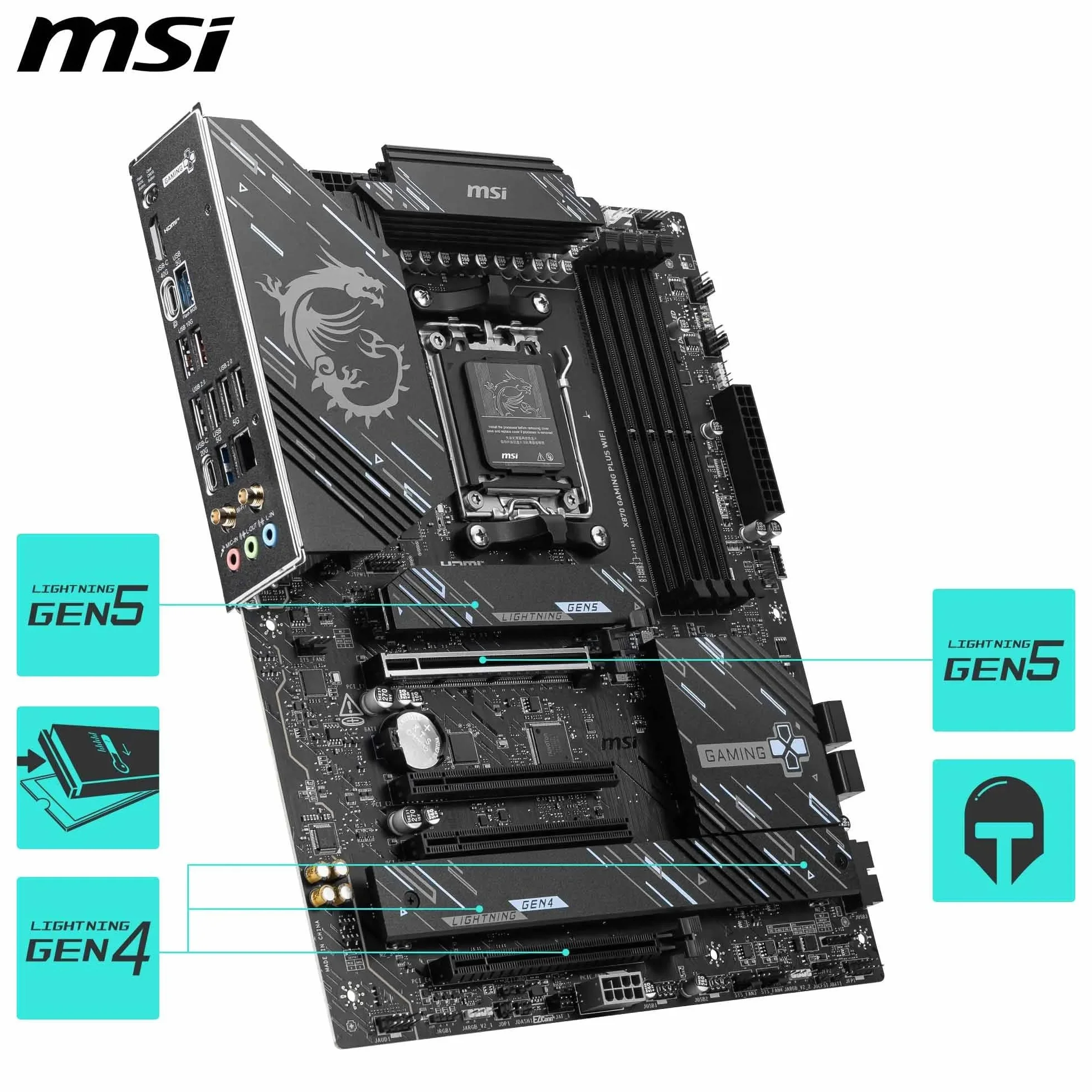 MSI Carte mère X870 Gaming Plus WiFi V1, ATX prend en charge les processeurs AMD Ryzen 9000/8000/7000, AM5-60A SPS VRM, DDR5 Memory Boost 8200+ MT/s (OC), PCIe 5.0 x16 & 4.0 x16, M.2 Gen5, Wi-Fi 7, 5G