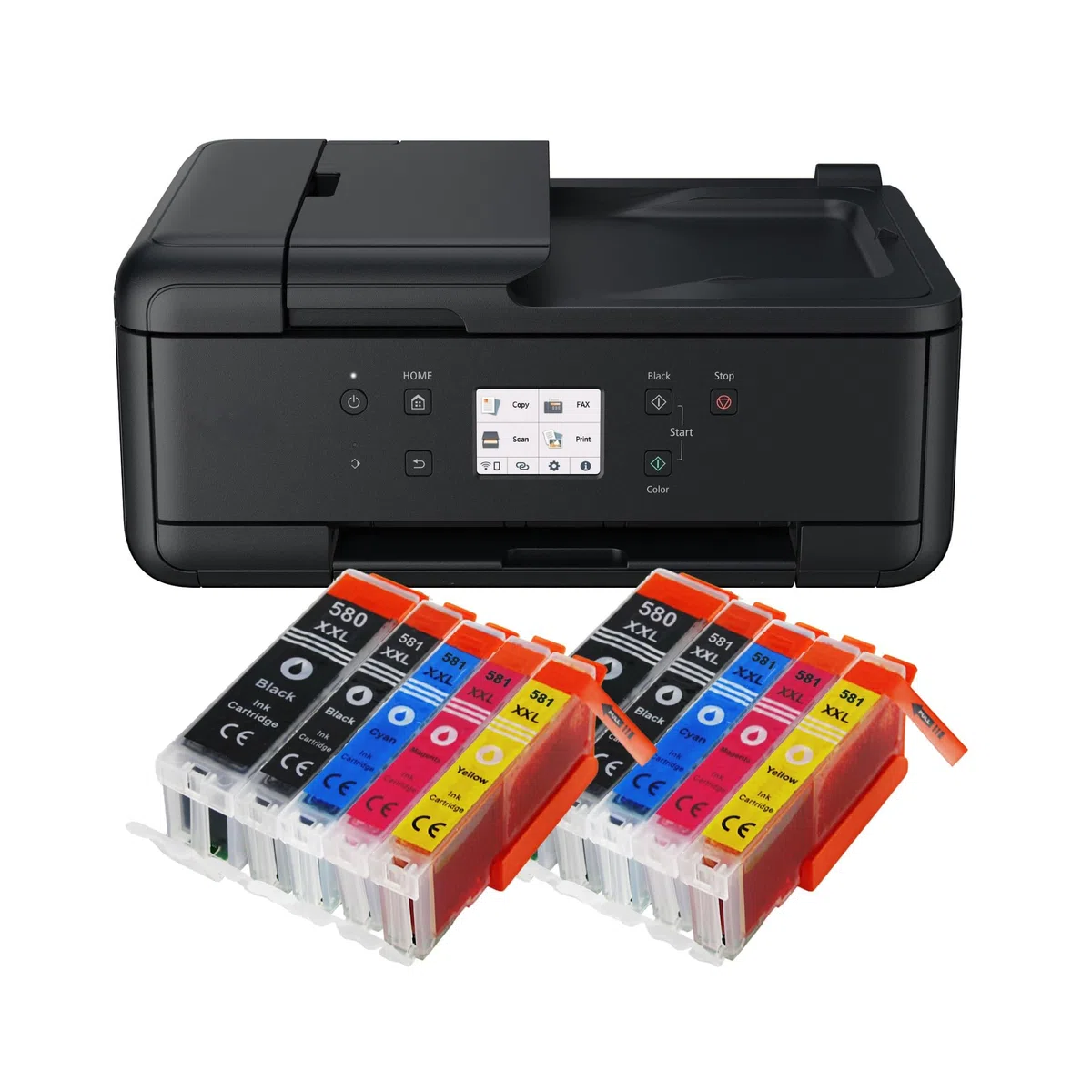 IC-Office TR7650 Imprimante multifonction 4 en 1 à jet d'encre couleur (impression, copie, numérisation, fax, ADF, Wi-Fi, AirPrint) Noir + 10 cartouches d'encre XXL