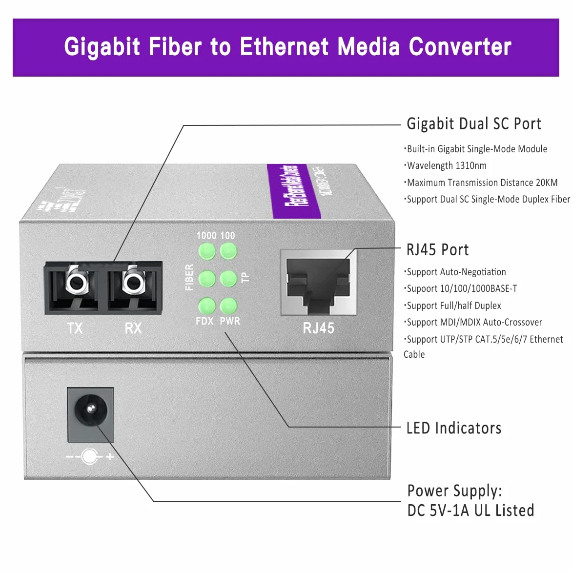 Une paire de convertisseurs Gigabit SC vers RJ45, convertisseur de média fibre vers Ethernet monomode (module intégré, 1310 nm, 20 km), Plug & Play, compatible 10/100/1000 BASE-T,