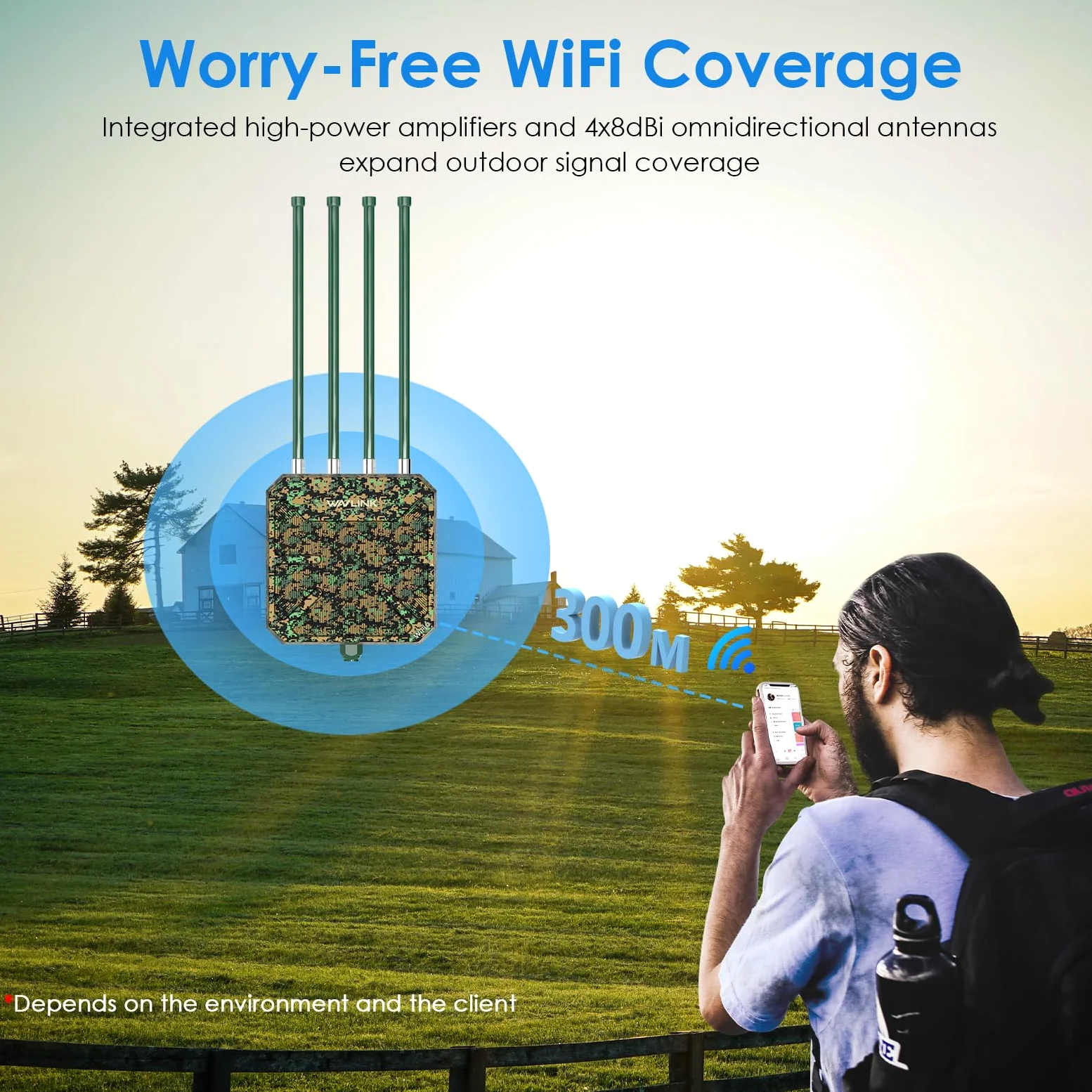 WAVLINK AX3000 Extenseur WiFi 6 extérieur longue portée, point d'accès sans fil extérieur WiFi 6, prend en charge PoE actif, antennes à gain élevé 4 x 8 dBi, IP67, jusqu'à 128 appareils pour la ferme