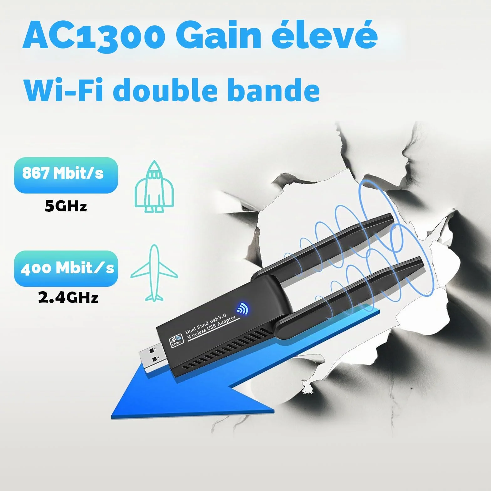 AC1300 WiFi USB 3.0 Double Bande 2.4G 5GHz MU-MIMO Clé WiFi Carte WiFi Antenne 5dBi