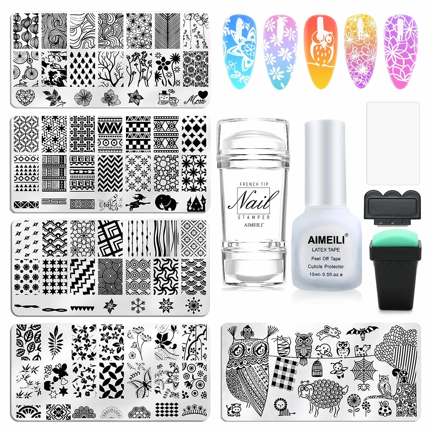 AIMEILI Nail Art Stamping Kit 5 Plaques 2 Silicone Tampons 2 Grattoir 15ml Latex Peel Off Tape
