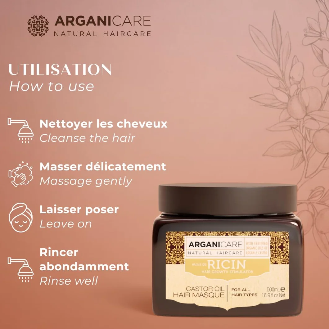 ARGANICARE Masque Cheveux Huile de Ricin Bio & Argan 500 ml – Soin Hydratant Réparateur Anti-Casse pour Cheveux Secs et Abîmés