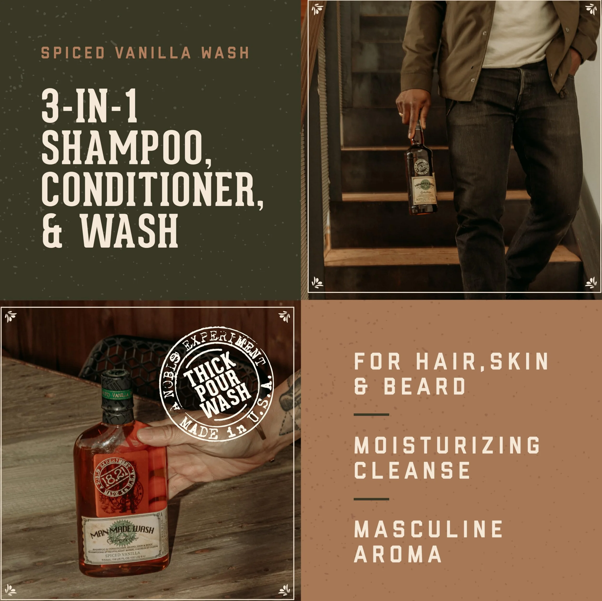 18.21 Man Made Wash Spiced Vanilla For Men 32 oz 3-In-1 Shampoo Conditioner Body Wash