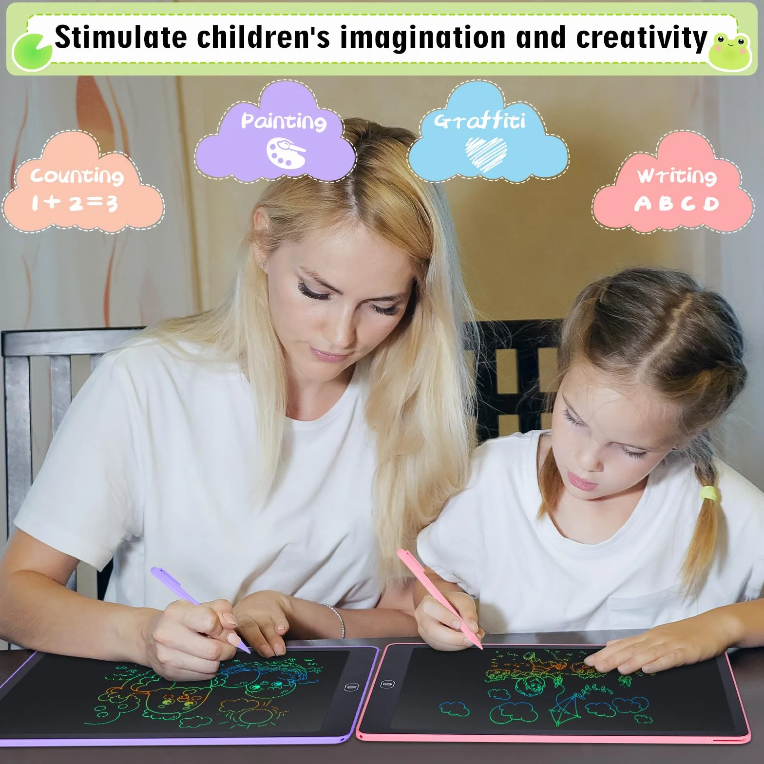 Tablette D'écriture LCD 16 Pouces avec Écran Coloré Effaçable, Rose + Violet