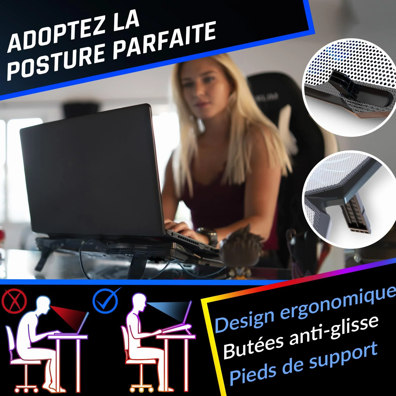 KLIM Wind Refroidisseur Ordinateur Portable 4 Ventilateurs Silencieux PC Portable PS5 PS4 Blanc Bleu