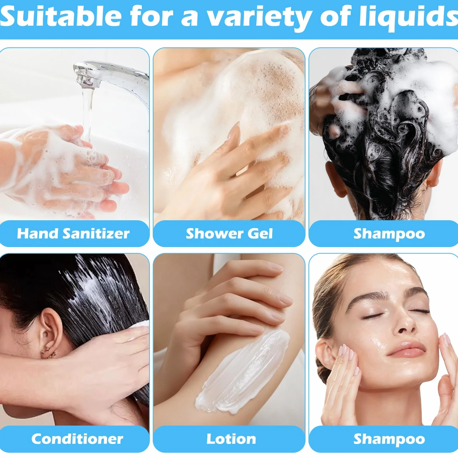 Ensemble 6 Flacons Voyage 200 ml avec Étiquettes Autocollantes Rechargeables pour Shampoing, Après-shampoing