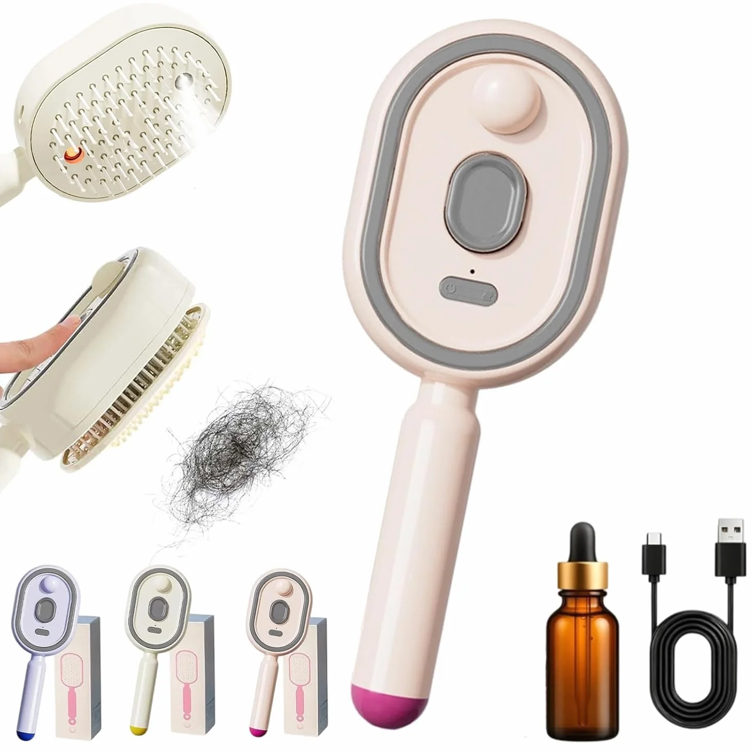 Brosse à vapeur électrique 3 en 1, fer à lisser rechargeable avec spray, peigne démêlant antistatique et massage à coussin d'air (Rose)