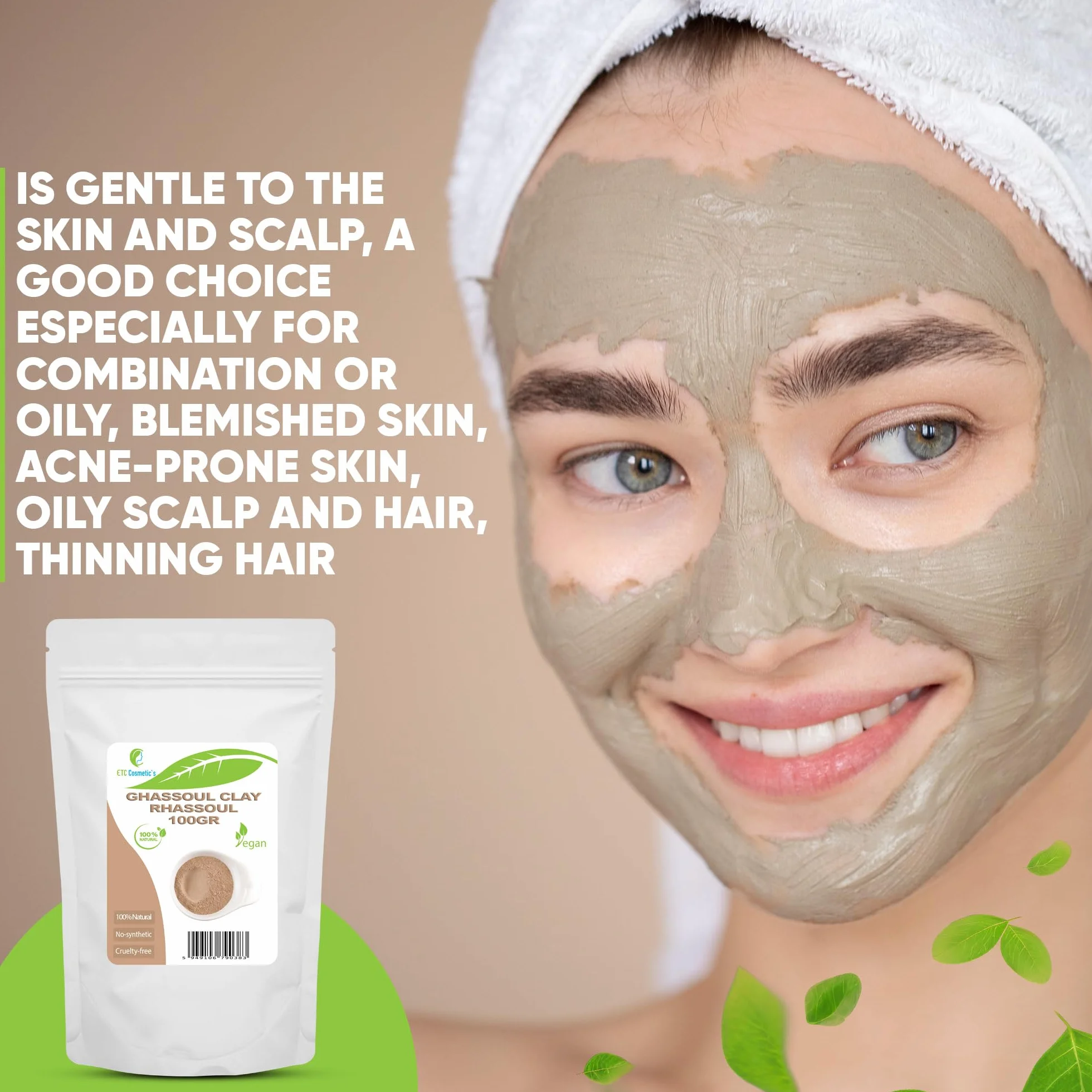 Ghassoul Argile Rhassoul 100g Masque Visage Corps Cheveux Gommage Doux Savon Anti-Âge
