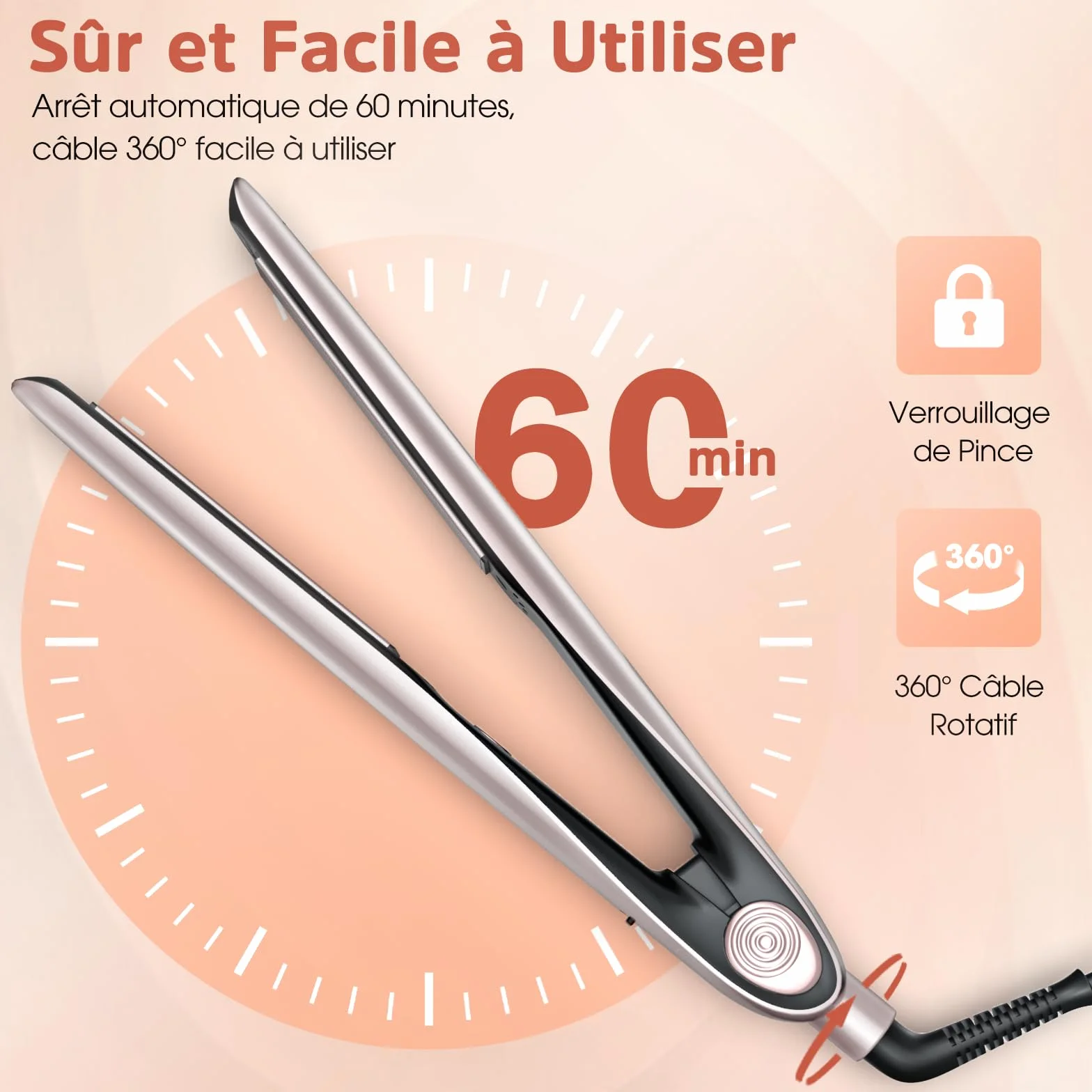 Lisseur Cheveux Professionnel Céramique Ion Fer à Lisser 15S Chauffage Rapide Plaque Flottante 3D Écran LCD 120-230°C Double Tension