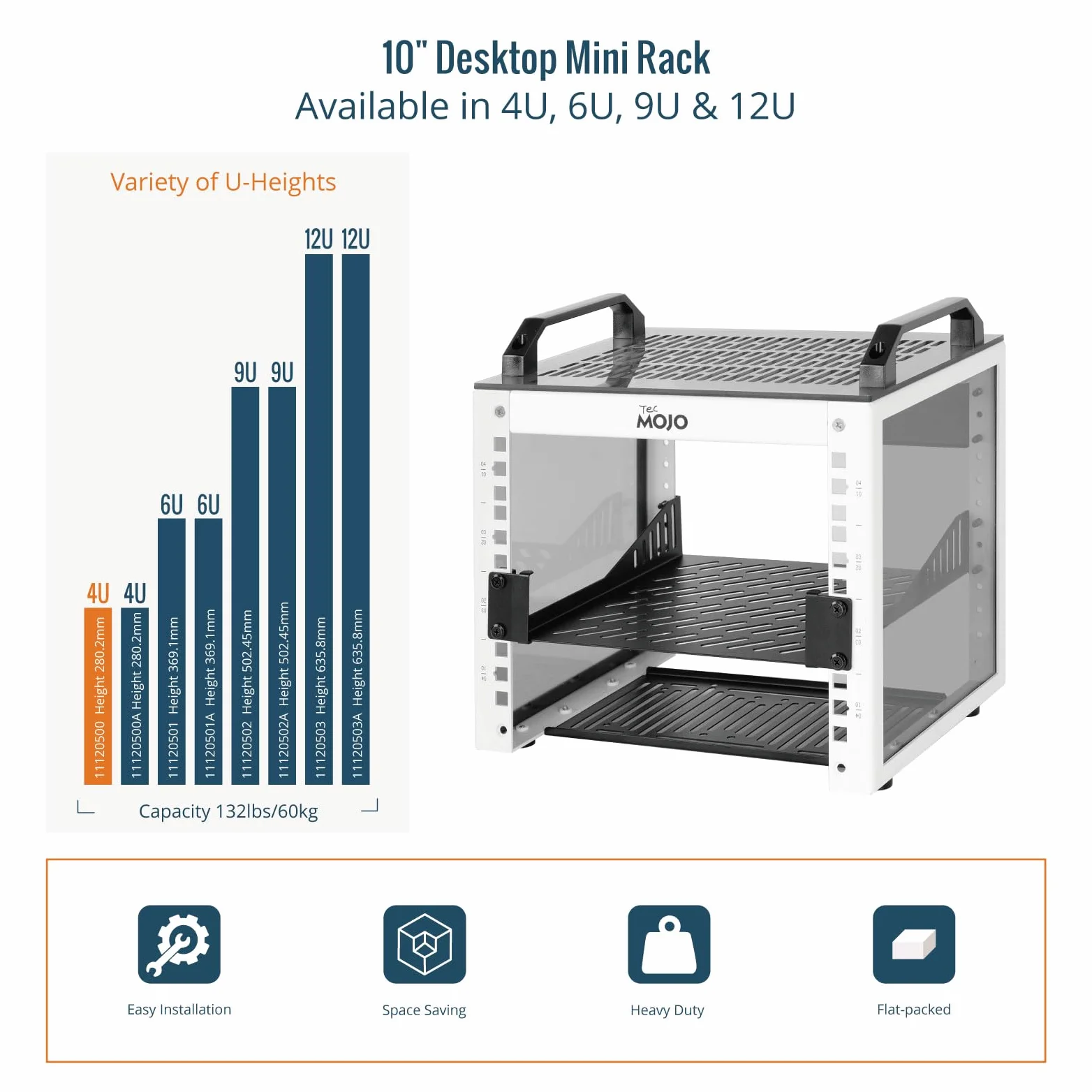 Tecmojo Rack réseau 4U, mini rack de serveur de 25,4 cm avec 2 panneaux translucides latéraux et 2 poignées supérieures, profondeur de 20 cm, pour équipement informatique et appareils A/V de 25,4 cm
