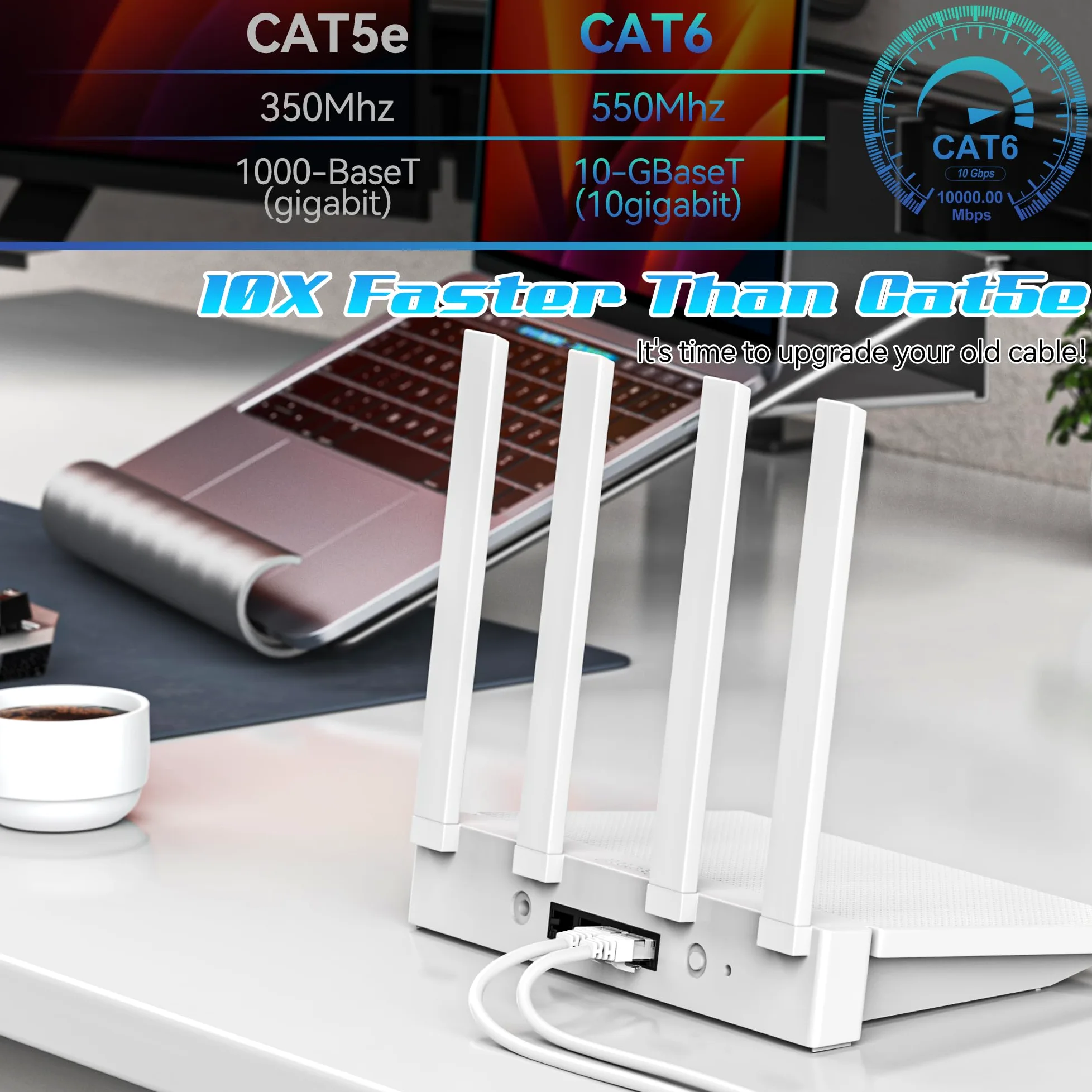 Câble Ethernet Cat6 de 60 m, câble de raccordement Cat6, câble réseau UTP, intérieur et extérieur, PoE, 24 AWG CCA, compatible avec PC, ordinateur portable, routeur, commutateur, serveur, avec 25