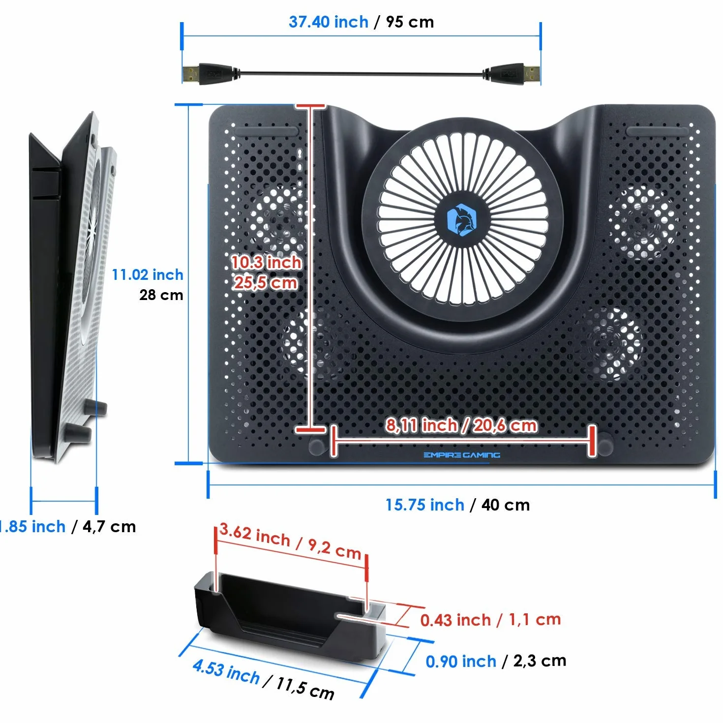 EMPIRE GAMING Turboost Aluminium Refroidisseur PC Ordinateur Portable Gamer 5 Ventilateurs Support 12-17 Pouces Rétroéclairage LED Bleu