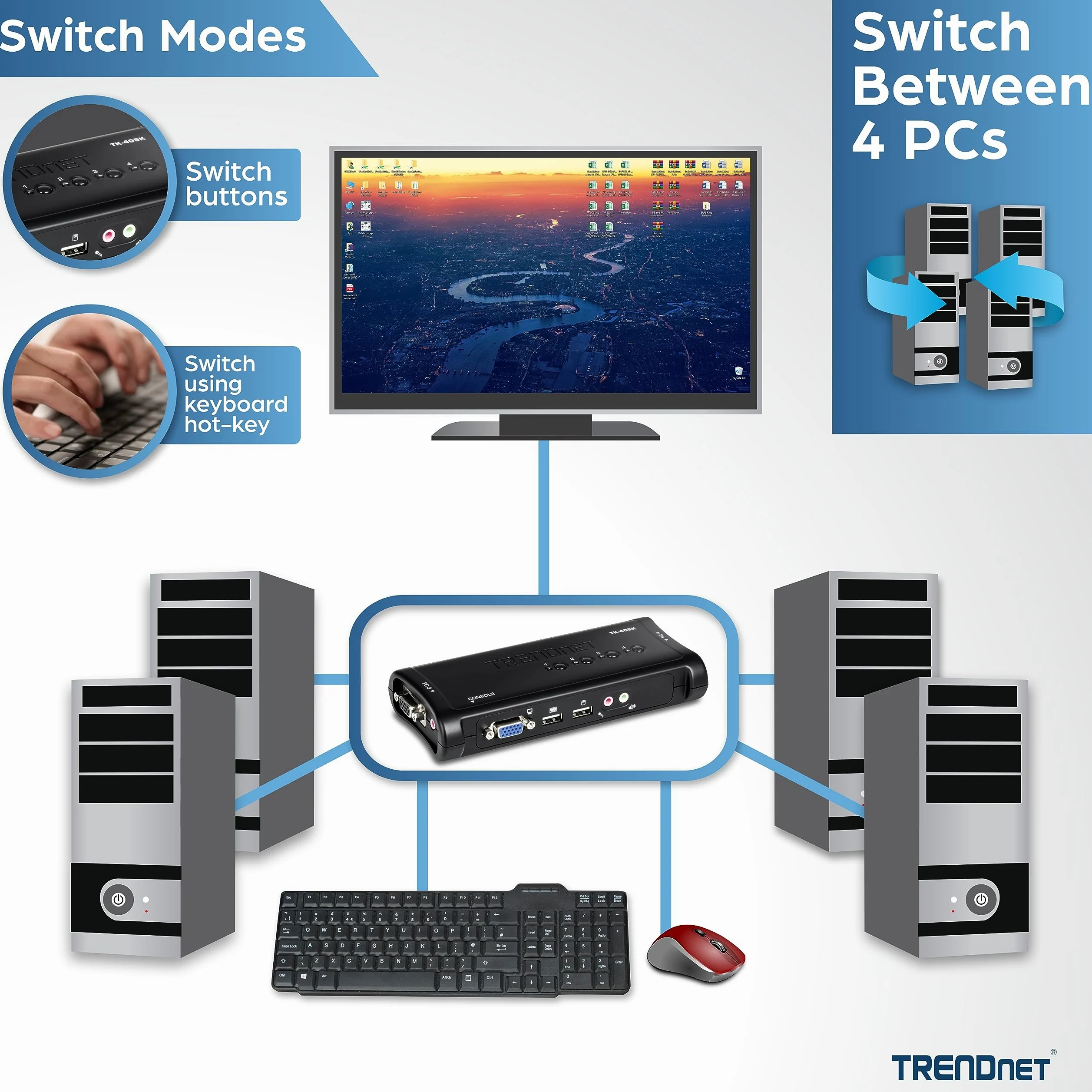 TRENDnet, TK-407K, Kit de commutateur KVM USB à 4 ports connexions VGA et USB, résolution 2048 x 1536, câblage inclus, contrôle jusqu'à 4 ordinateurs