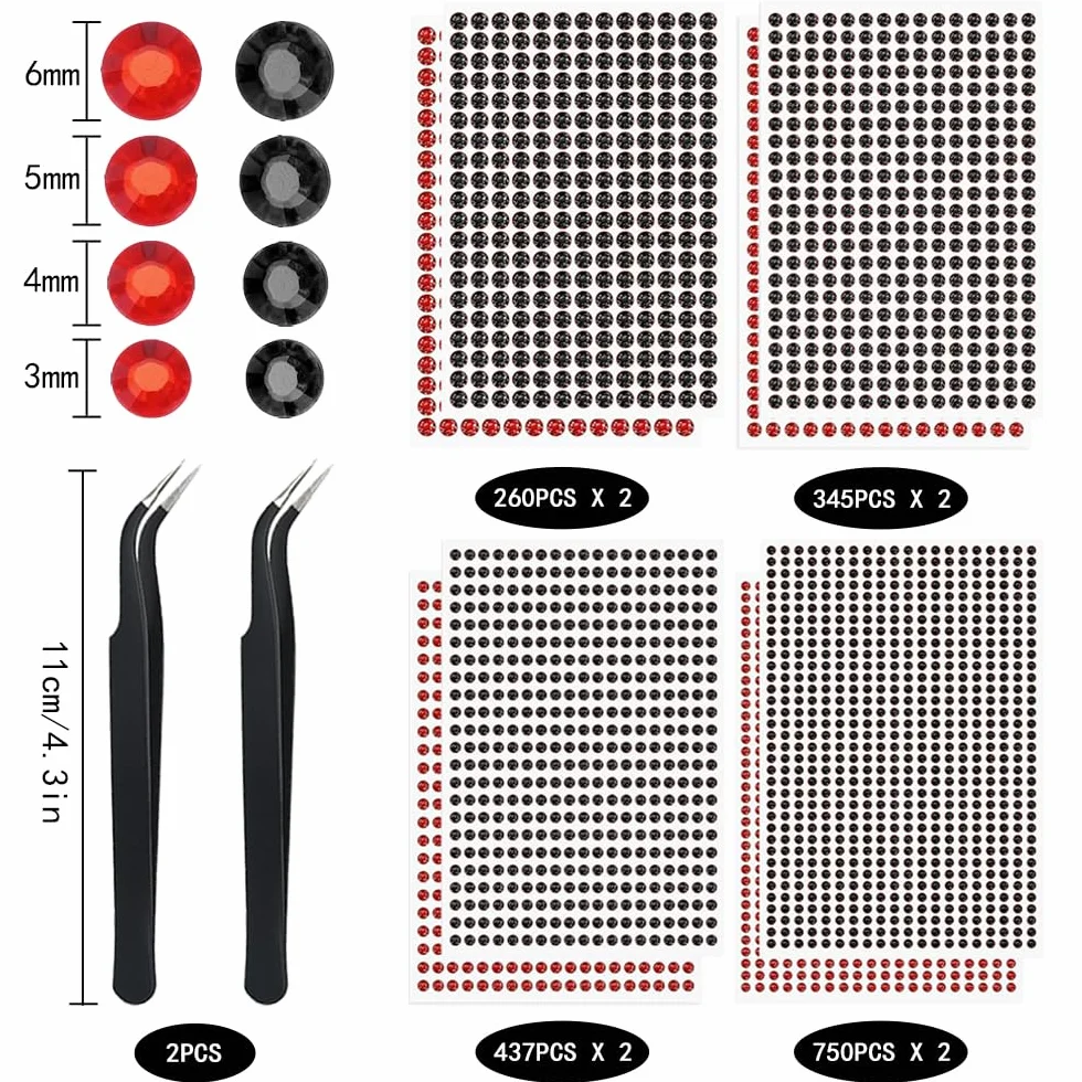 Strass Autocollant 3584 Pièces Rouge et Noir Rond 3/4/5/6mm DIY Artisanat Vêtements Ongle
