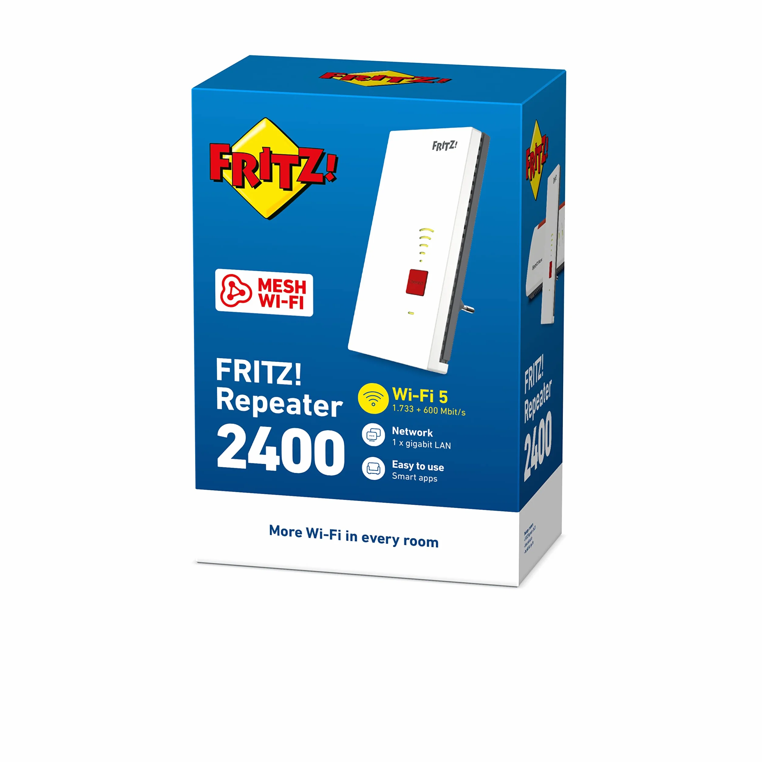 FRITZ!Repeater 2400 | Wi-Fi 5 + 4 bibande avec jusqu'à 1733 Mbit/s (5 GHz) + 600 Mbit/s (2,4 GHz) | 1 LAN Gigabit | Version internationale