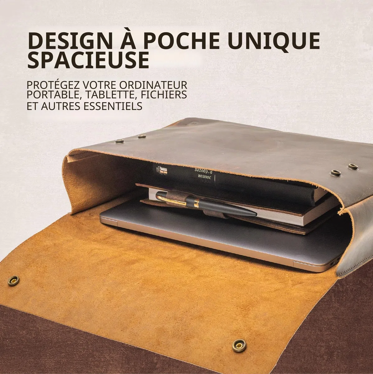 Moonster Housse Ordinateur 14 Pouces en Cuir de Buffle - Design Spacieux et sans Sangle Pochette Ordinateur 15.6 Pouces Femme - Housse Ordinateur 13 Pouces Macbook et Tablettes de 13 à 15”