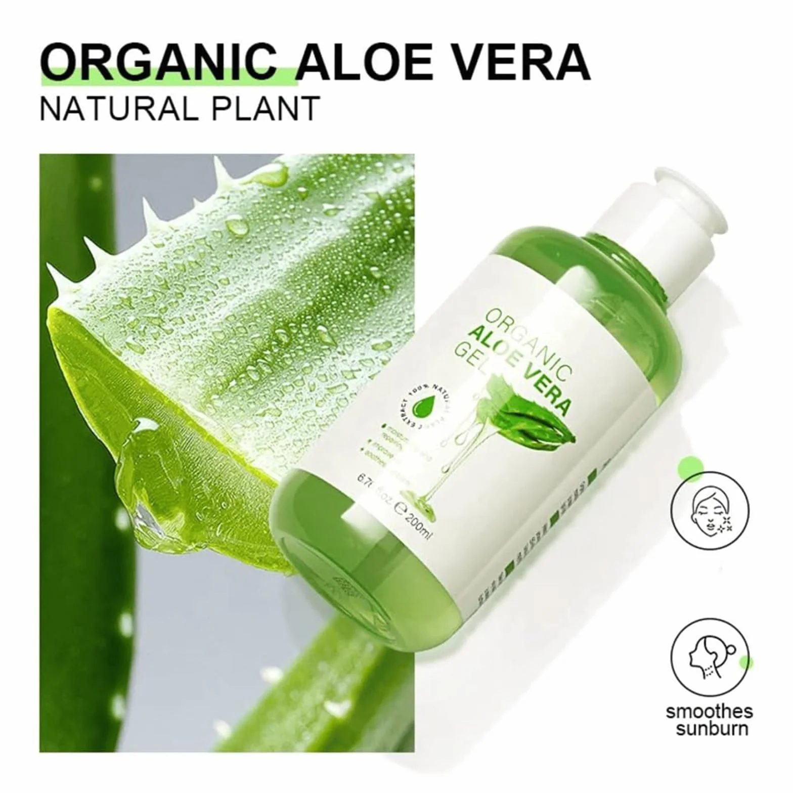 Gel d'aloe vera 100% pur hydratant naturel visage cheveux corps apaisant nourrissant soin après-soleil 200 g