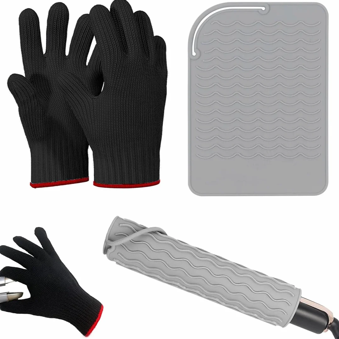 Gants Anti Chaleur Professionnels pour Coiffure avec Coussin Anti-brûlure, Lot de 3 Pièces
