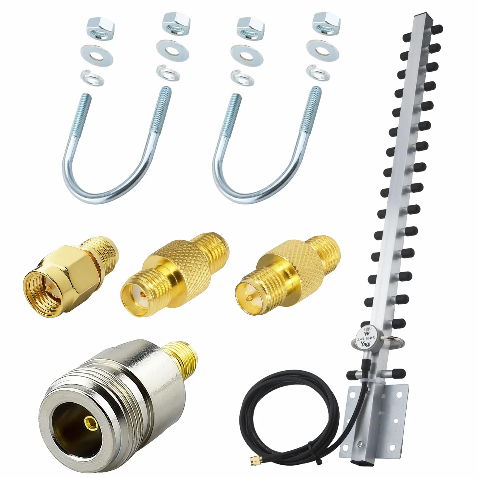 Yagi Antenne WiFi 2,4 GHz 25 dBi à gain élevé directionnelle avec connecteur RP-SMA et câble de 1,5 m, kit d'adaptateur de type RPSMA/SMA/N pour routeur, adaptateur USB, caméra de sécurité
