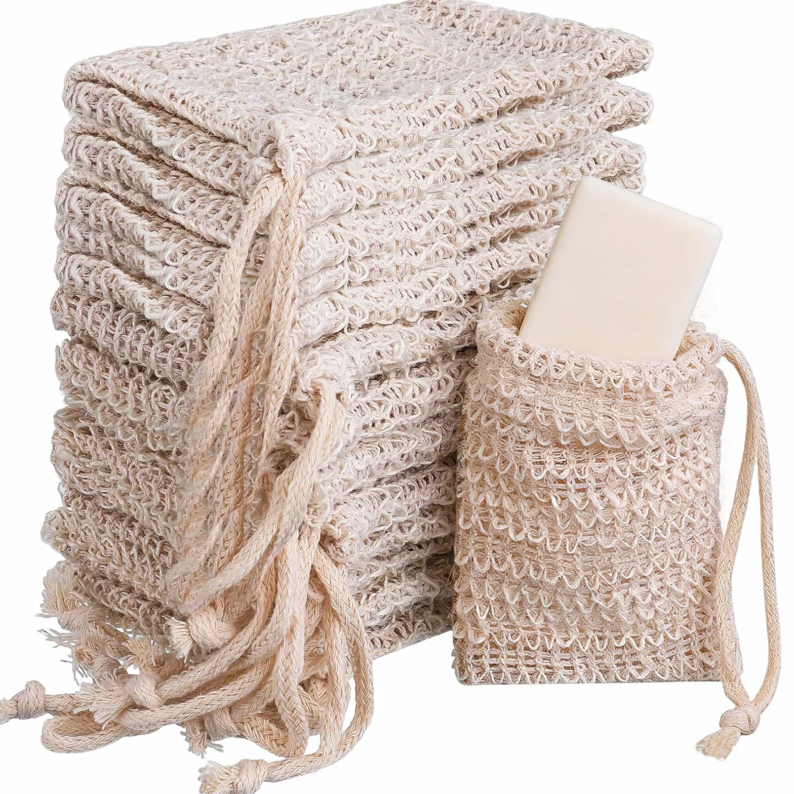 Sacs à savon bio en sisal naturel pour douche - Lot de 12