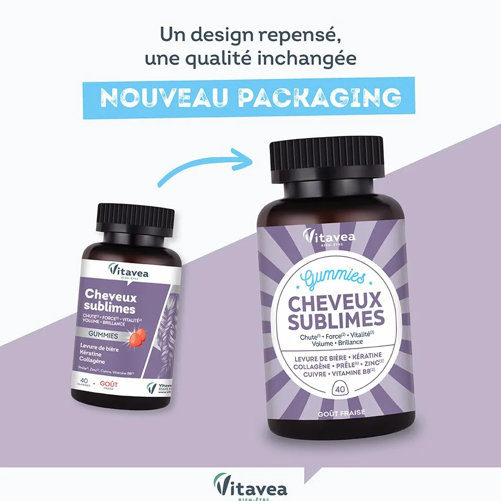 Vitavea Gummies Cheveux Sublimes Biotine Levure de Bière Kératine Zinc Collagène Anti-Chute Brillance 40 Gummies Fruits Rouges